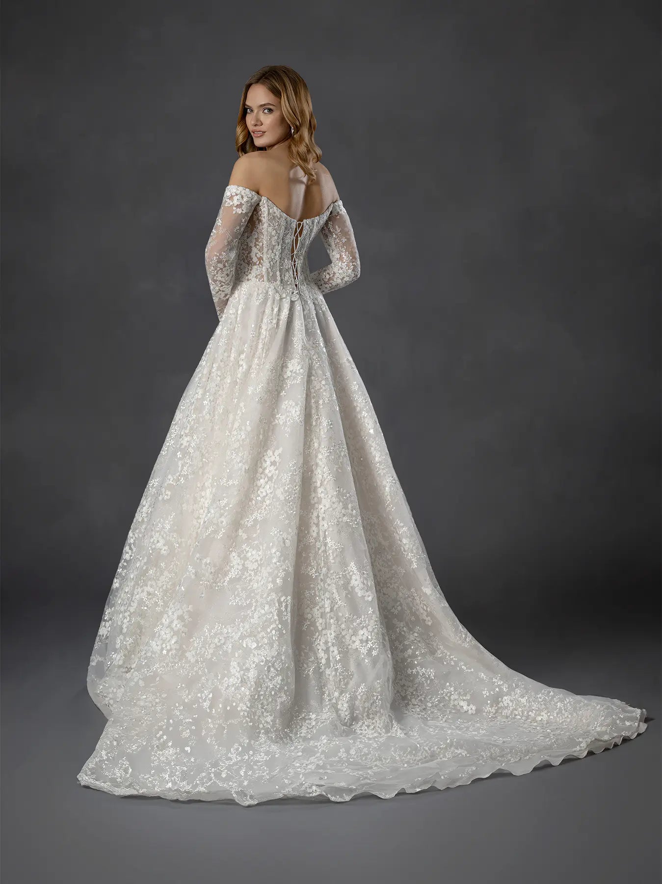 Off White Off-the-Shoulder Floor-Length Lace Wedding Dress A-Line Gown