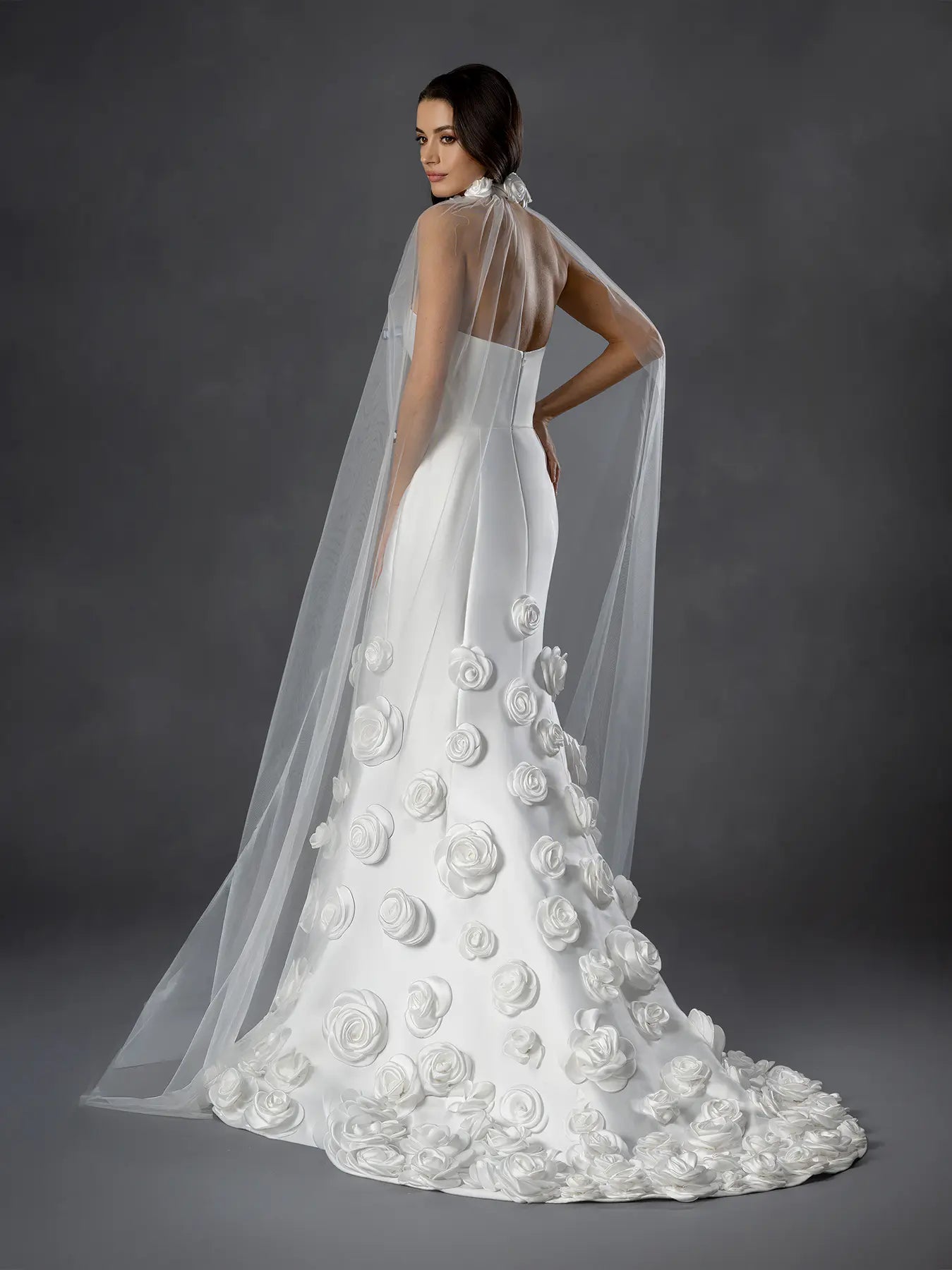 Off White Strapless Floor-Length Satin Wedding Dress Mermaid Gown with Floral Appliques