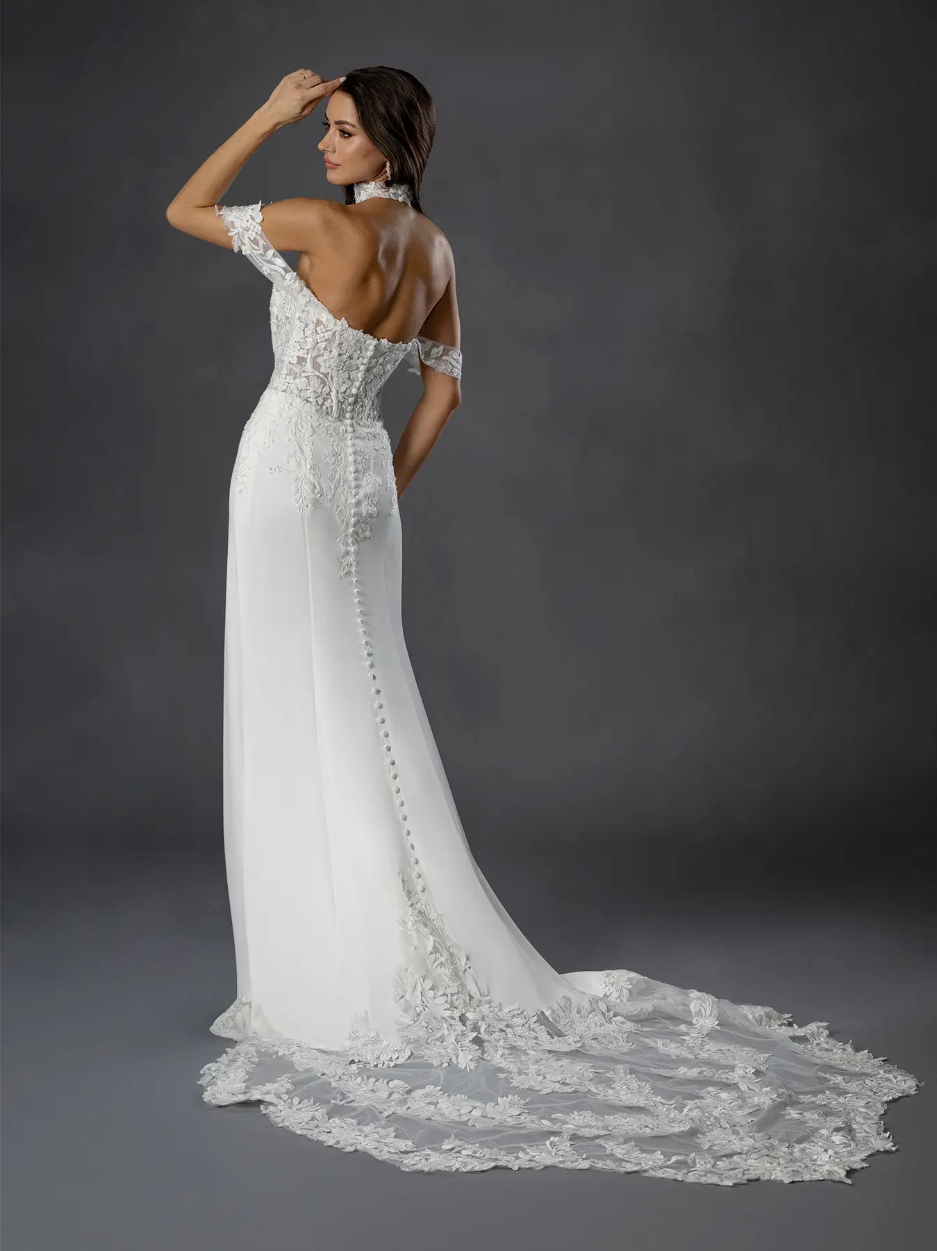 Off White Off-the-Shoulder Sweetheart Floor-Length Crepe and Lace Bridal Mermaid Gown