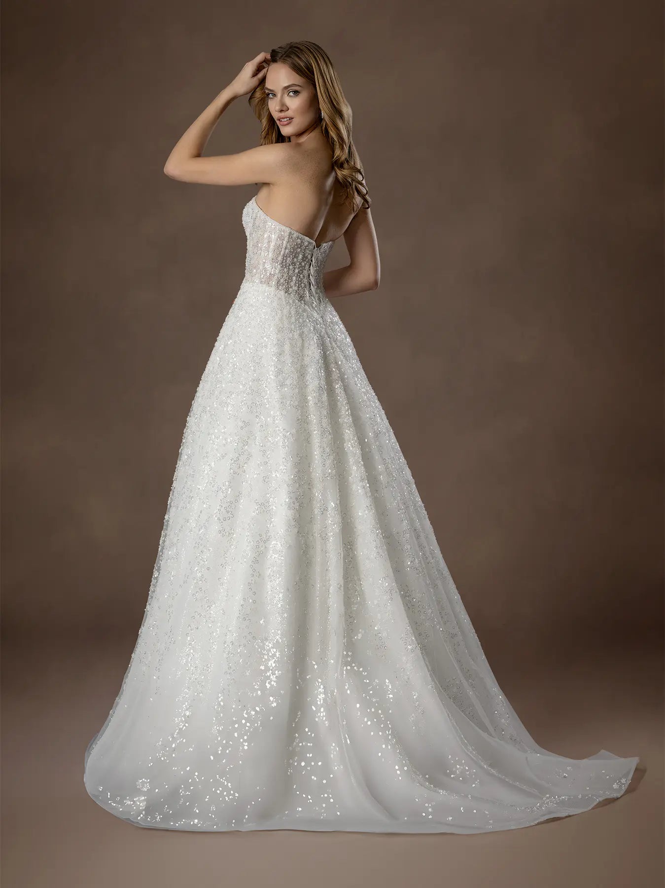Off White Sweetheart Floor-Length Sequin Tulle Wedding Ball Gown with Long Sleeve Bolero