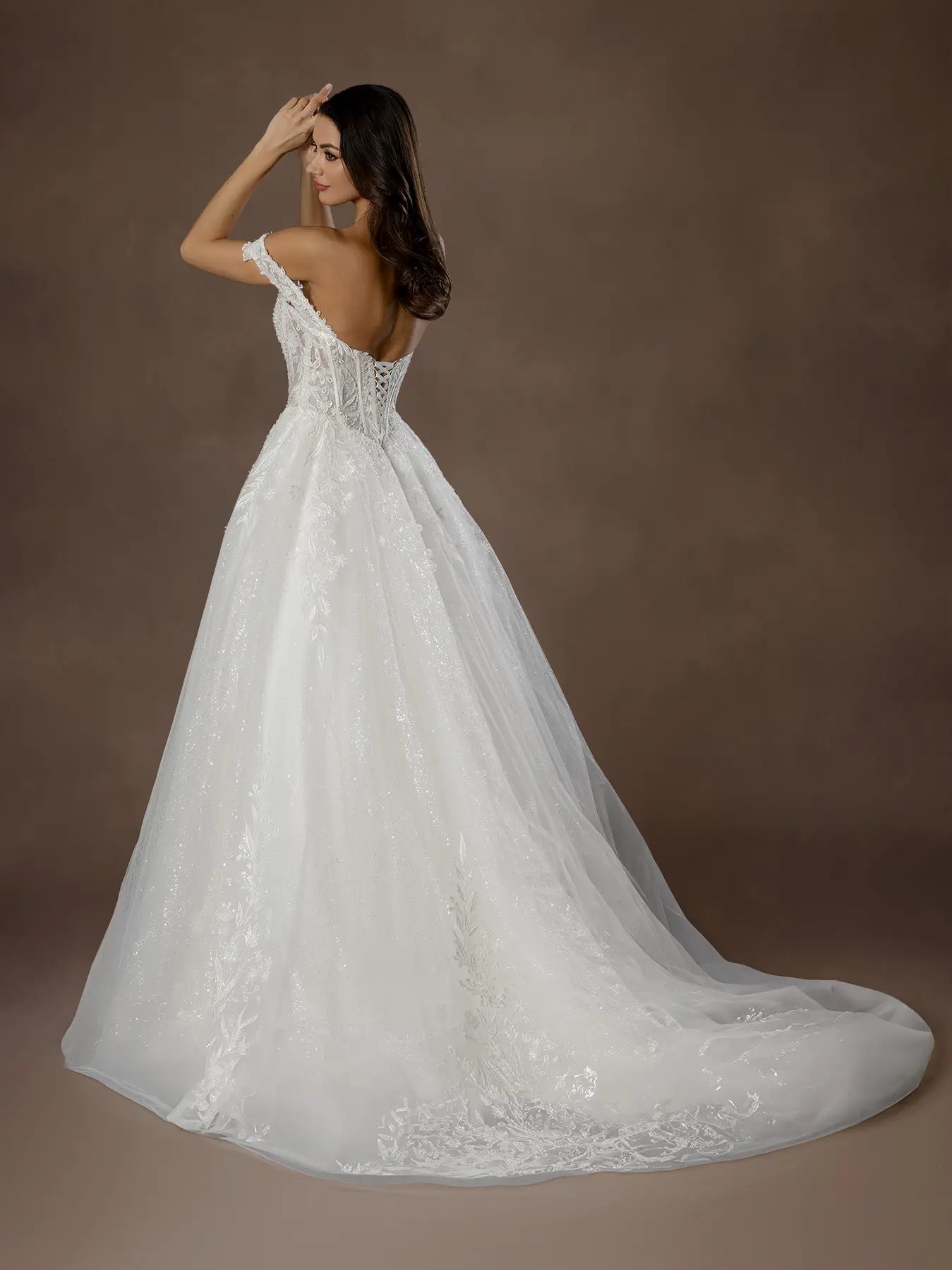 Off White Off-the-Shoulder Floor-Length Tulle Bridal Ball Gown with Glitter Embroidery