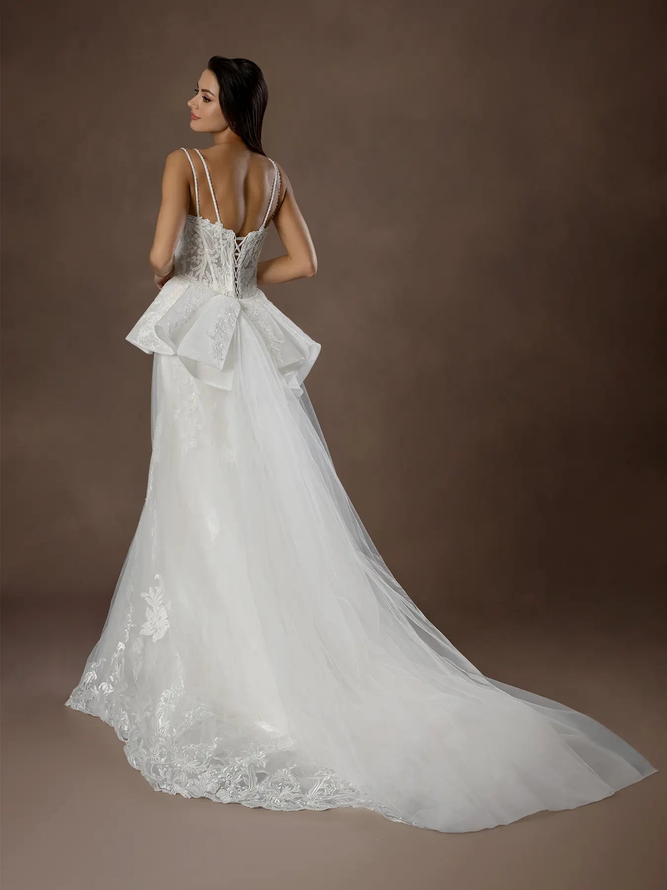 Off White Spaghetti Strap Floor-Length Lace Bridal Mermaid Gown with Peplum Train