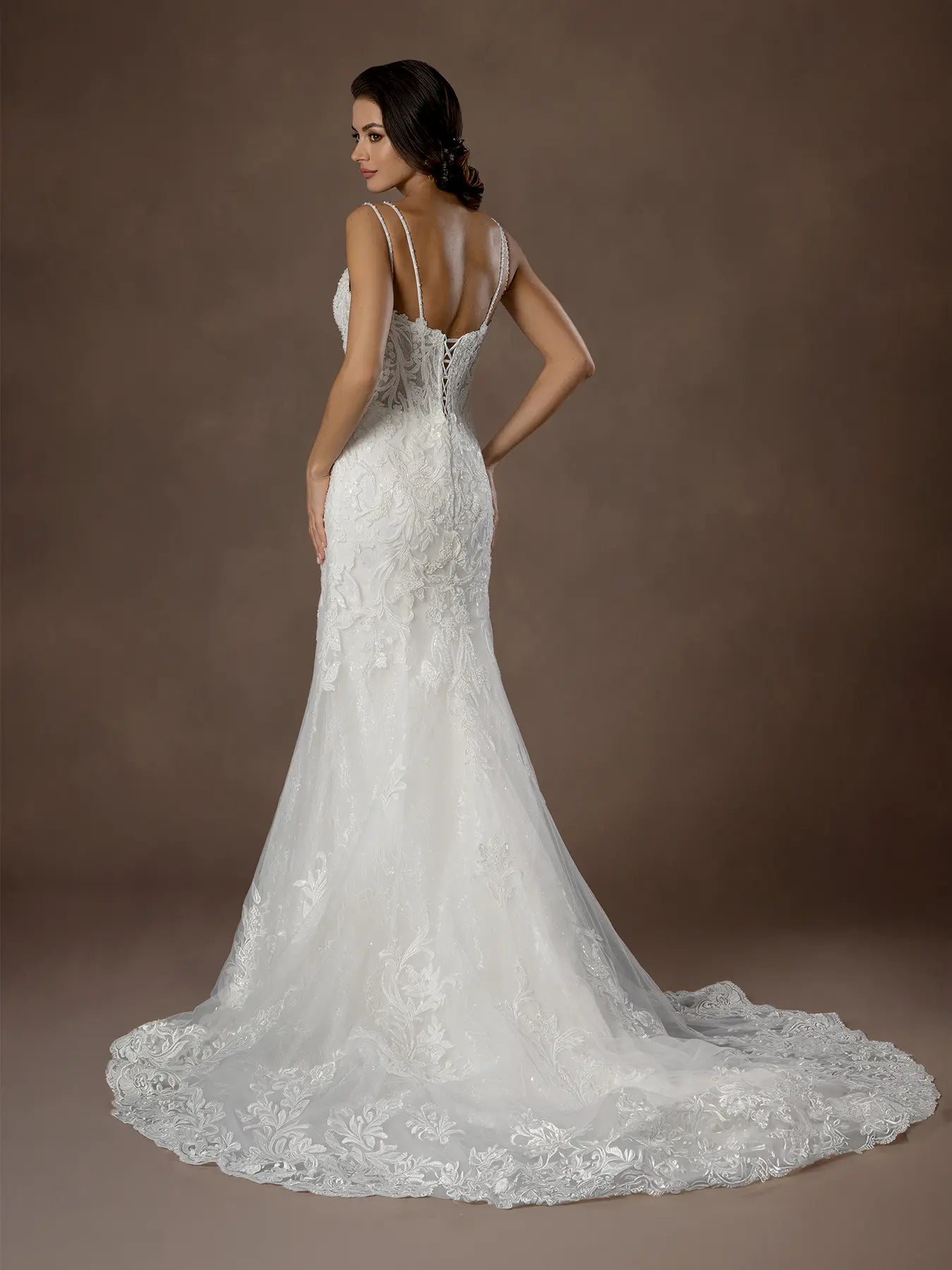 Off White Spaghetti Strap Floor-Length Lace Bridal Mermaid Gown with Peplum Train