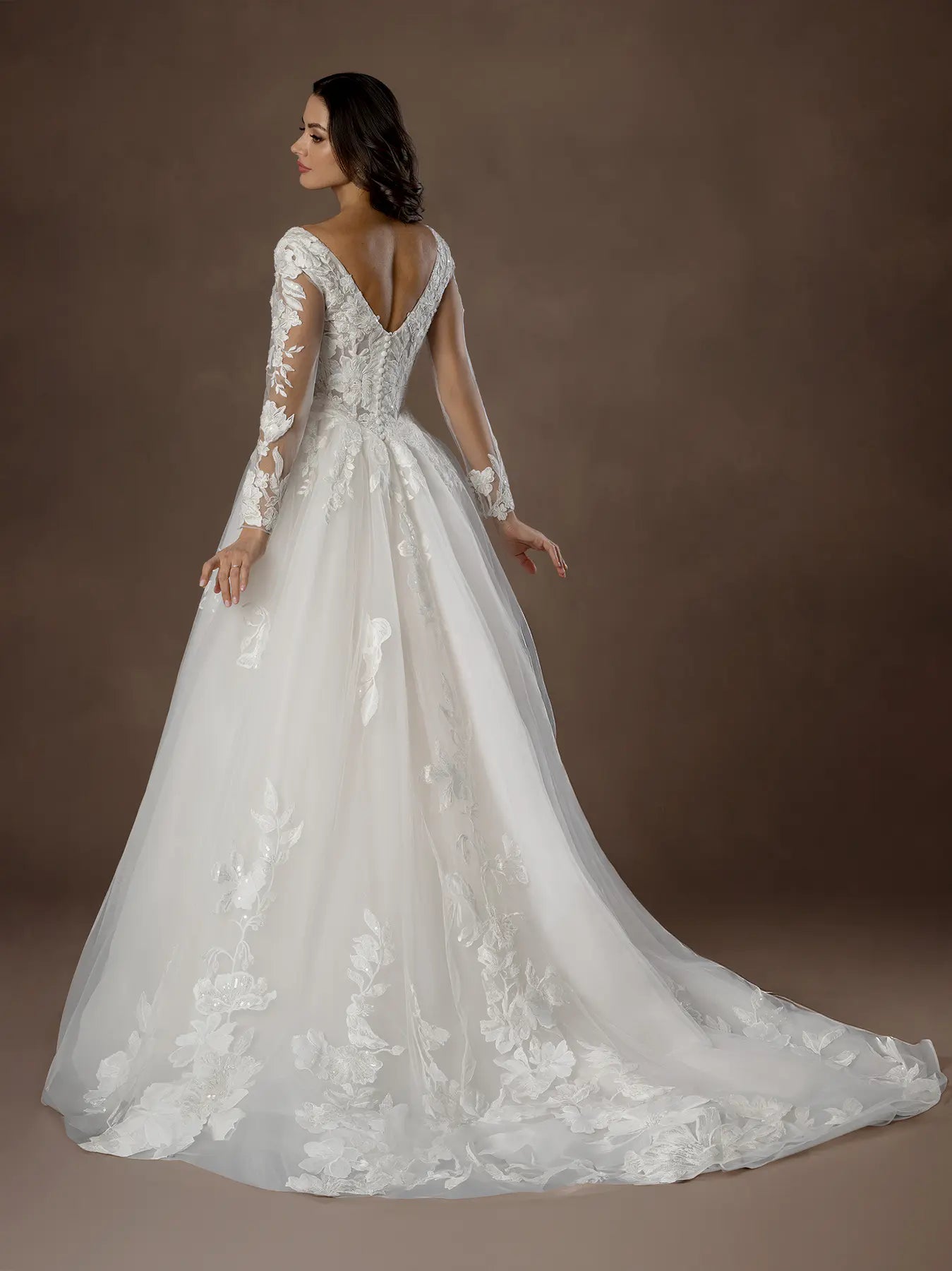 Off White V-Neck Floor-Length Tulle Ball Wedding Gown with Long Lace Sleeves