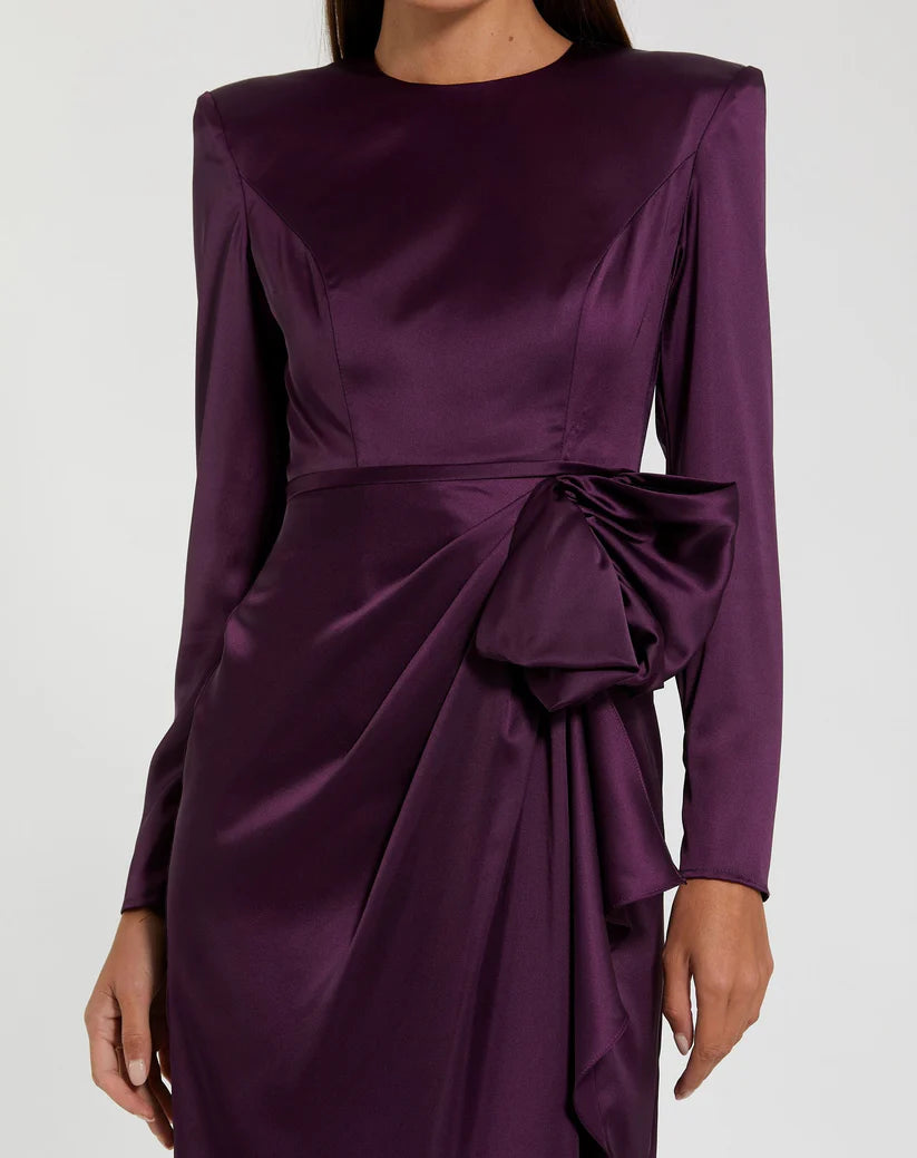 Formal Dresses Long Sleeve Evening Bow Ornate Formal Dress Eggplant