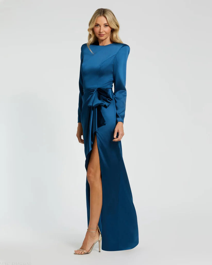 Formal Dresses Long Sleeve Evening Bow Ornate Formal Dress Ocean Blue
