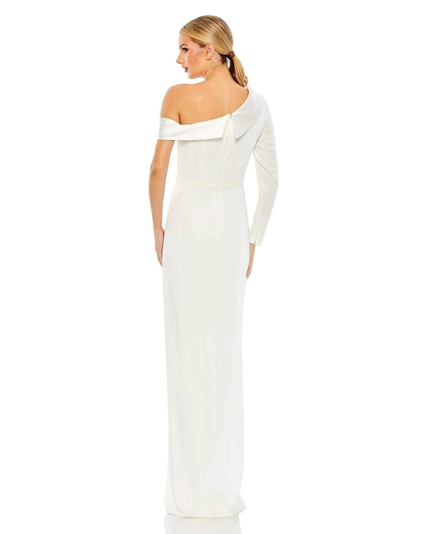 The back view of a woman wearing a white Mac Duggal 26726 Long One Shoulder Prom Dress Sale gown.