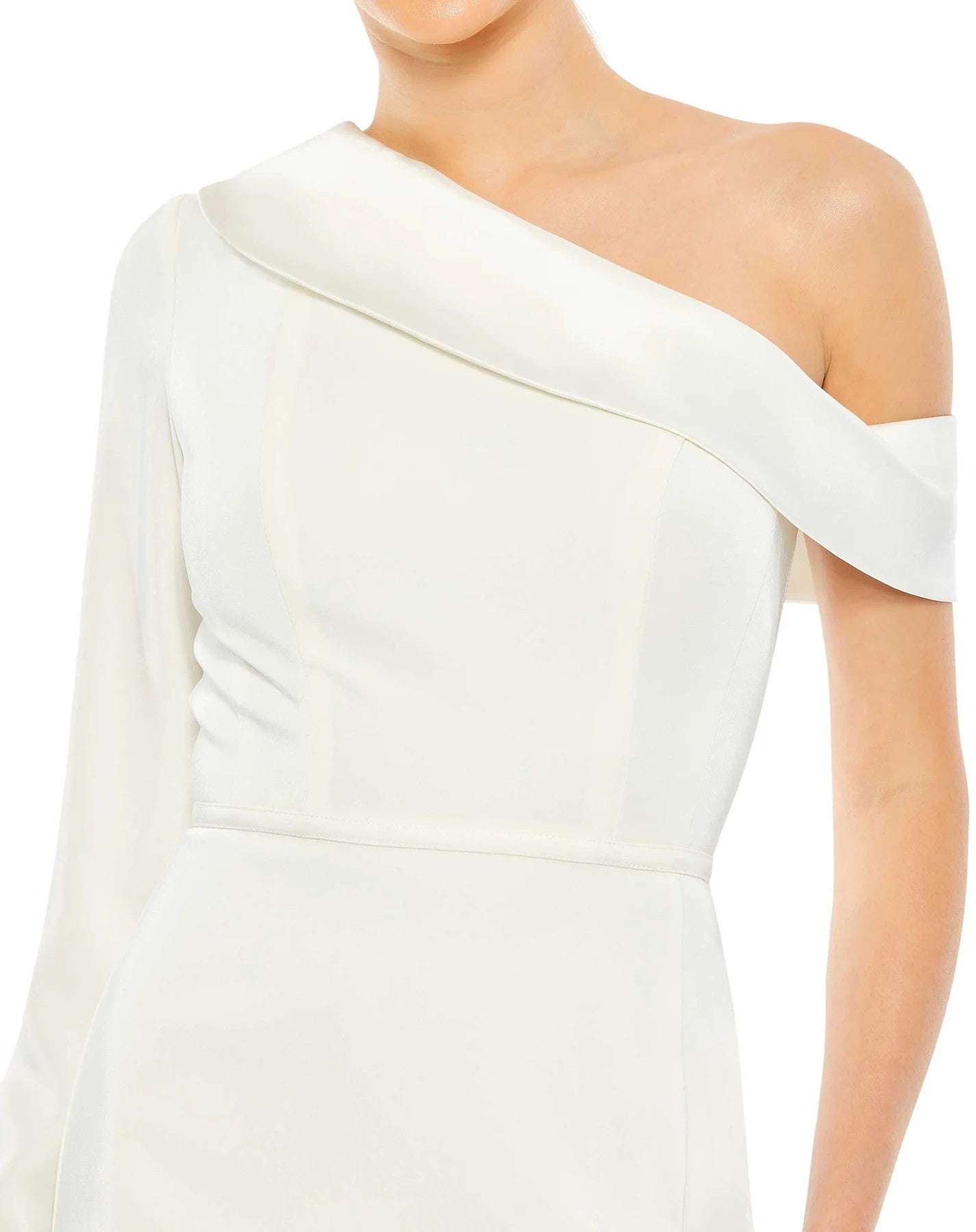 The model is wearing a white Mac Duggal 26726 Long One Shoulder Prom Dress Sale.