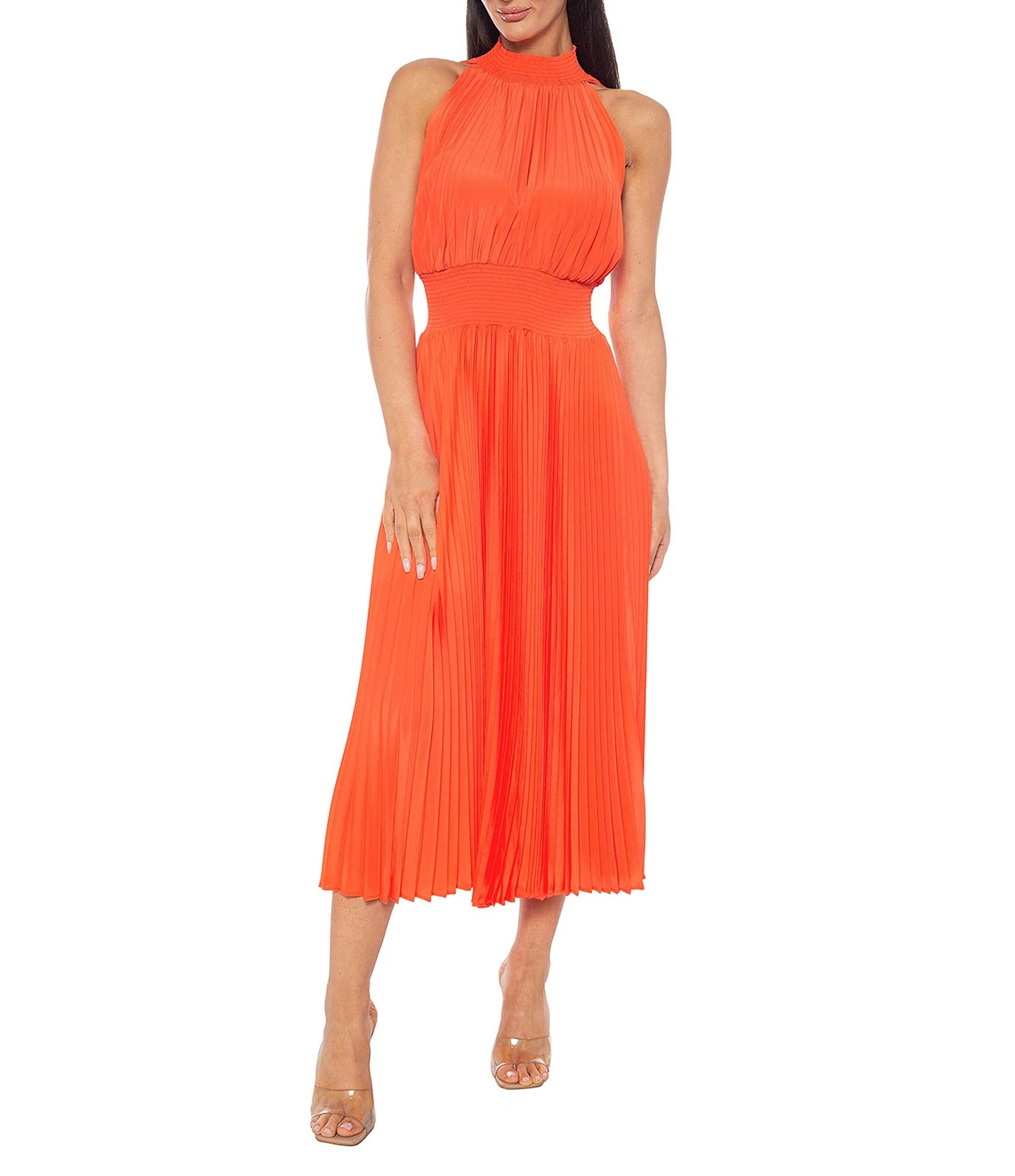 Cocktail Dresses Pleated Midi Length A Line Cocktail Dress Orange
