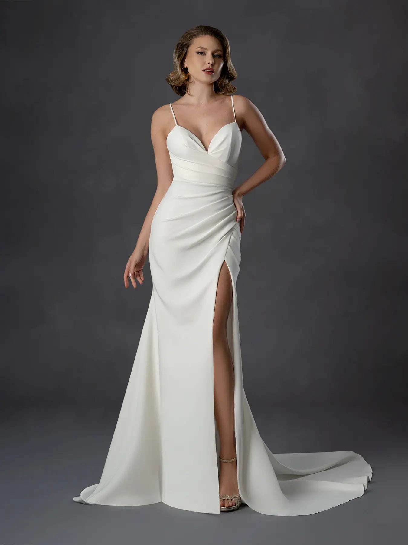 Off White V-Neck Floor-Length Satin Wedding Gown with Side Slit