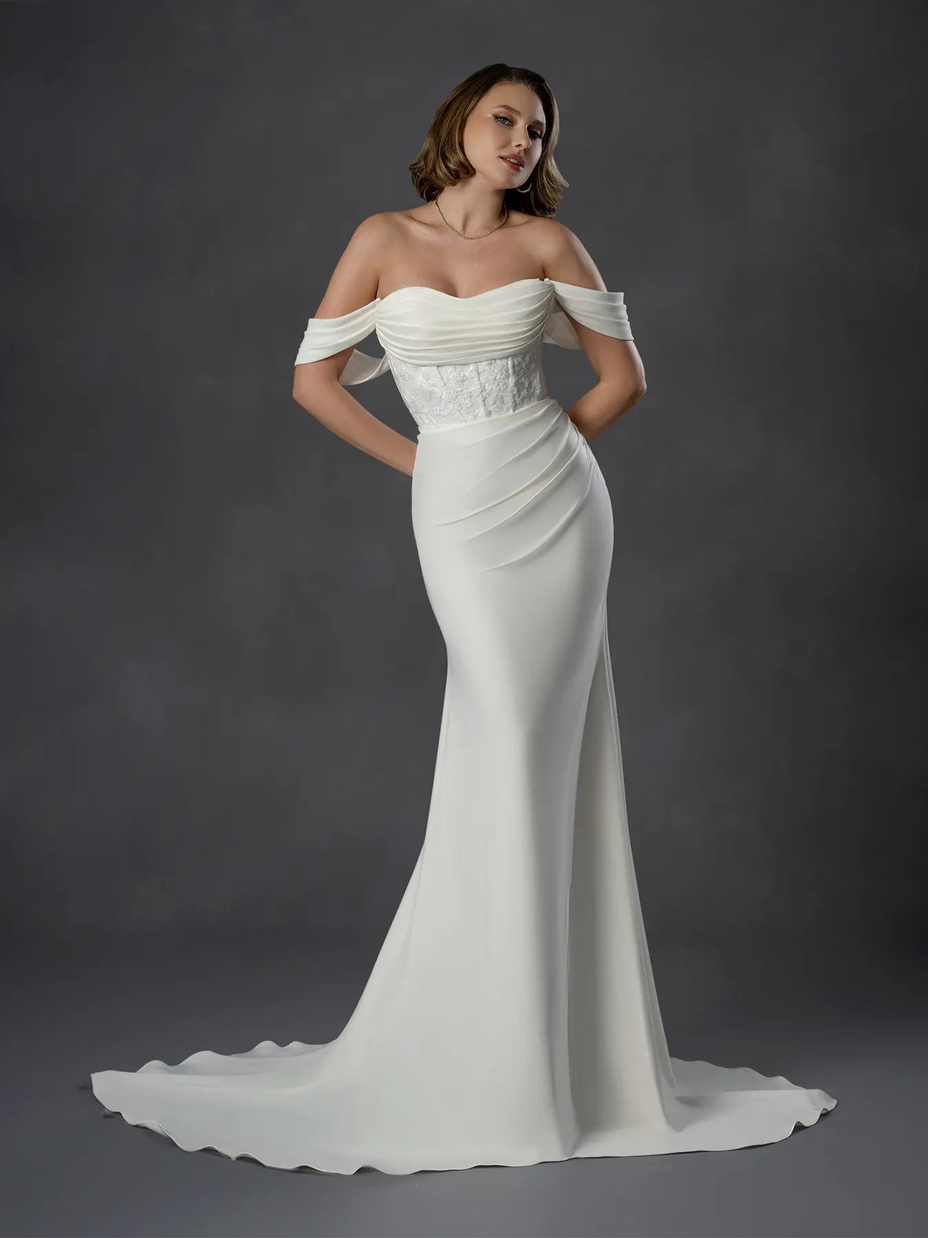 Off White Off-the-Shoulder Floor-Length Satin Bridal Gown with Lace Corset