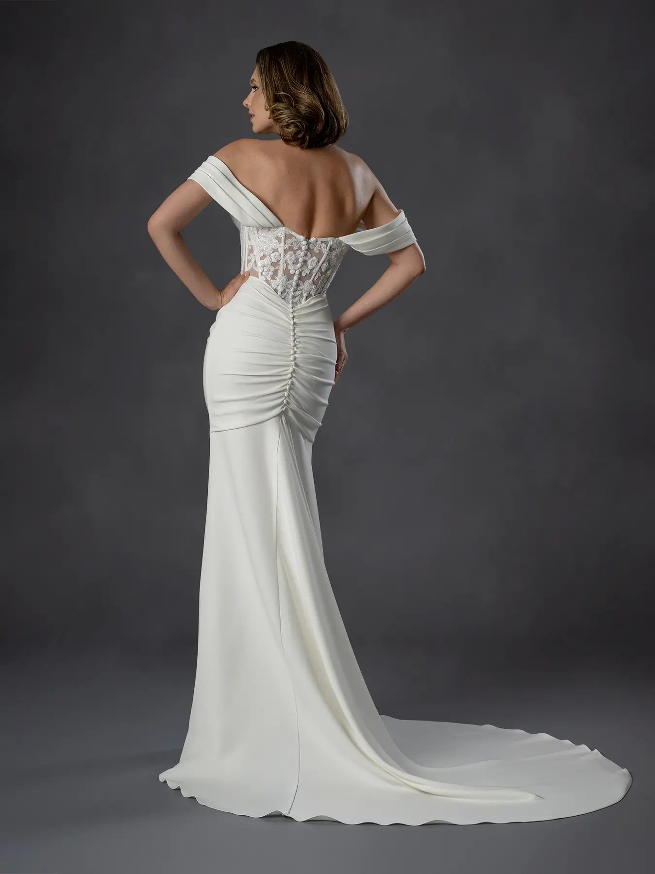 Off White Off-the-Shoulder Floor-Length Satin Bridal Gown with Lace Corset