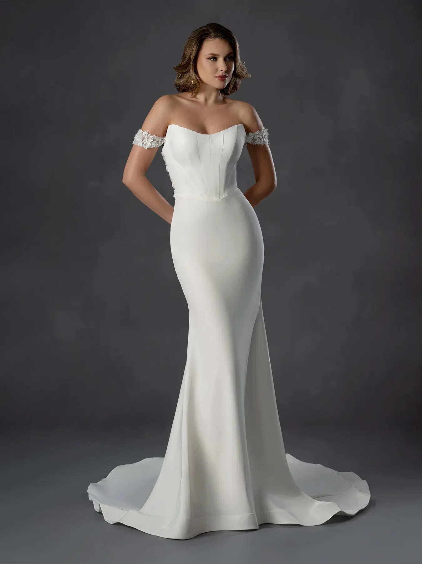 Off White Off-the-Shoulder Floor-Length Satin Wedding Gown with Lace Applique