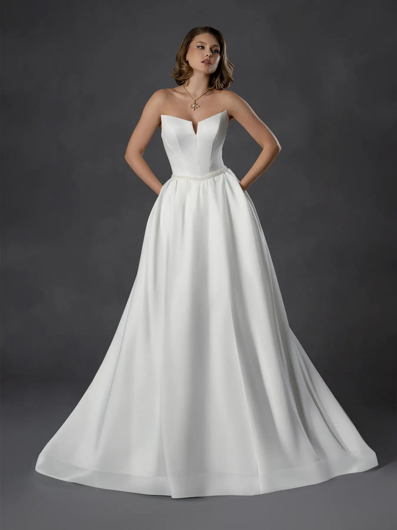 Off White Strapless Floor-Length Satin Bridal Wedding Ball Gown with Pockets