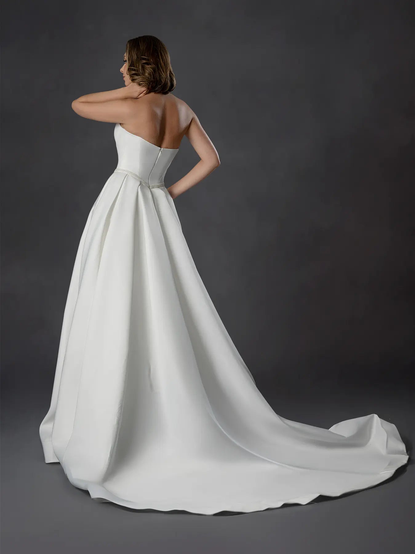Off White Strapless Floor-Length Satin Bridal Wedding Ball Gown with Pockets