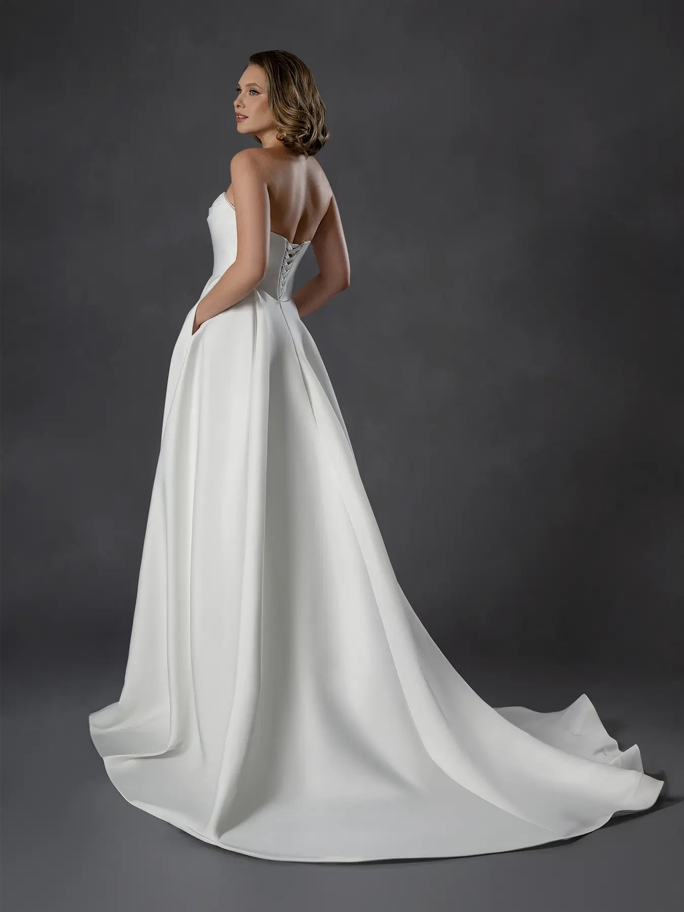 Off White Strapless Floor-Length Satin Bridal A-Line Gown with Pockets