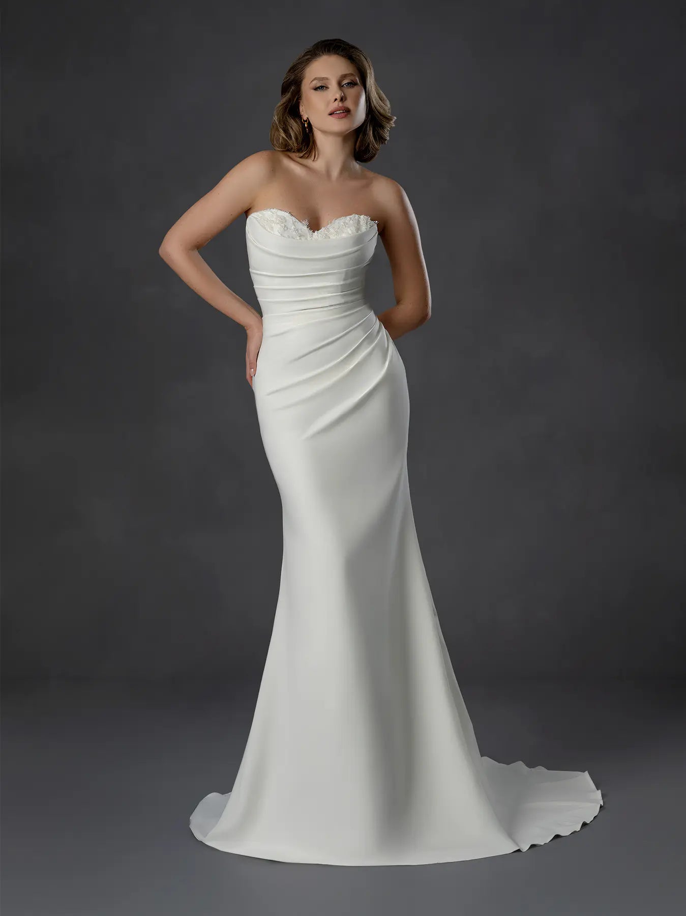 Off White Strapless Floor-Length Satin Bridal Wedding Mermaid Gown with Floral Trim