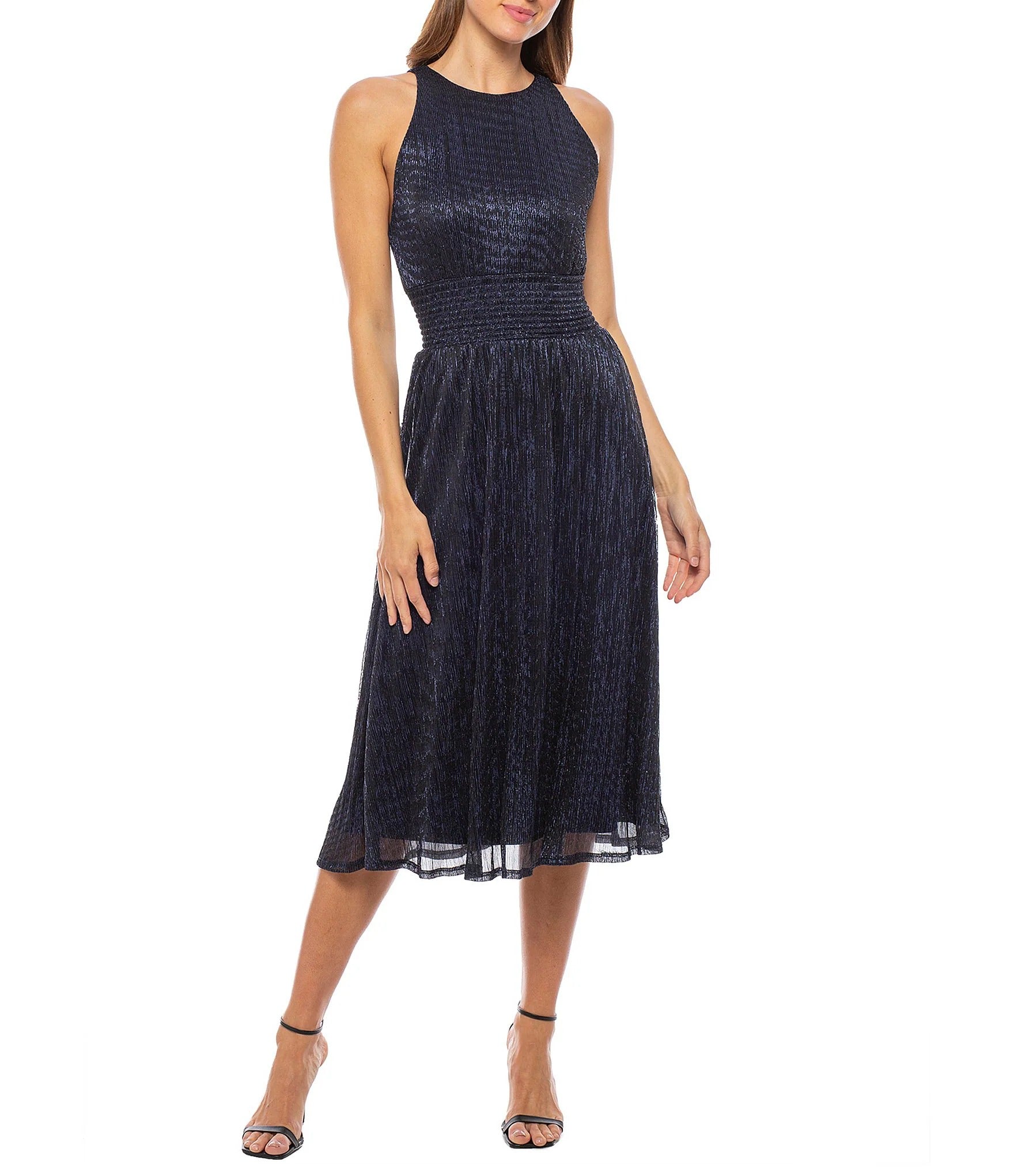 Cocktail Dresses Short Cocktail Metallic Midi Length Dress Navy