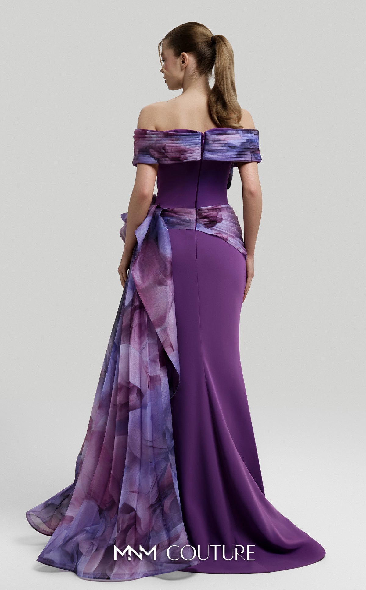 Off-Shoulder Long Crepe Evening Gown by MNM Couture 2692A in Lilac