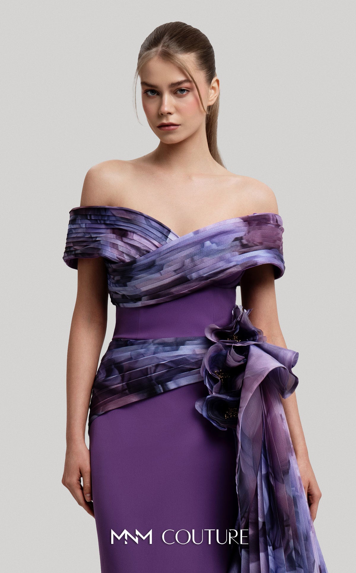 Off-Shoulder Long Crepe Evening Gown by MNM Couture 2692A in Lilac