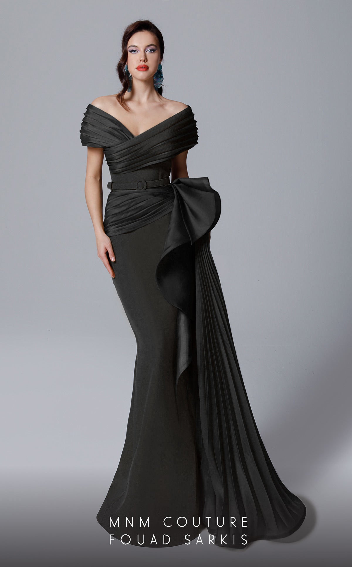 Off-Shoulder Pleated Gown with Belt by MNM Couture 2692 in Black
