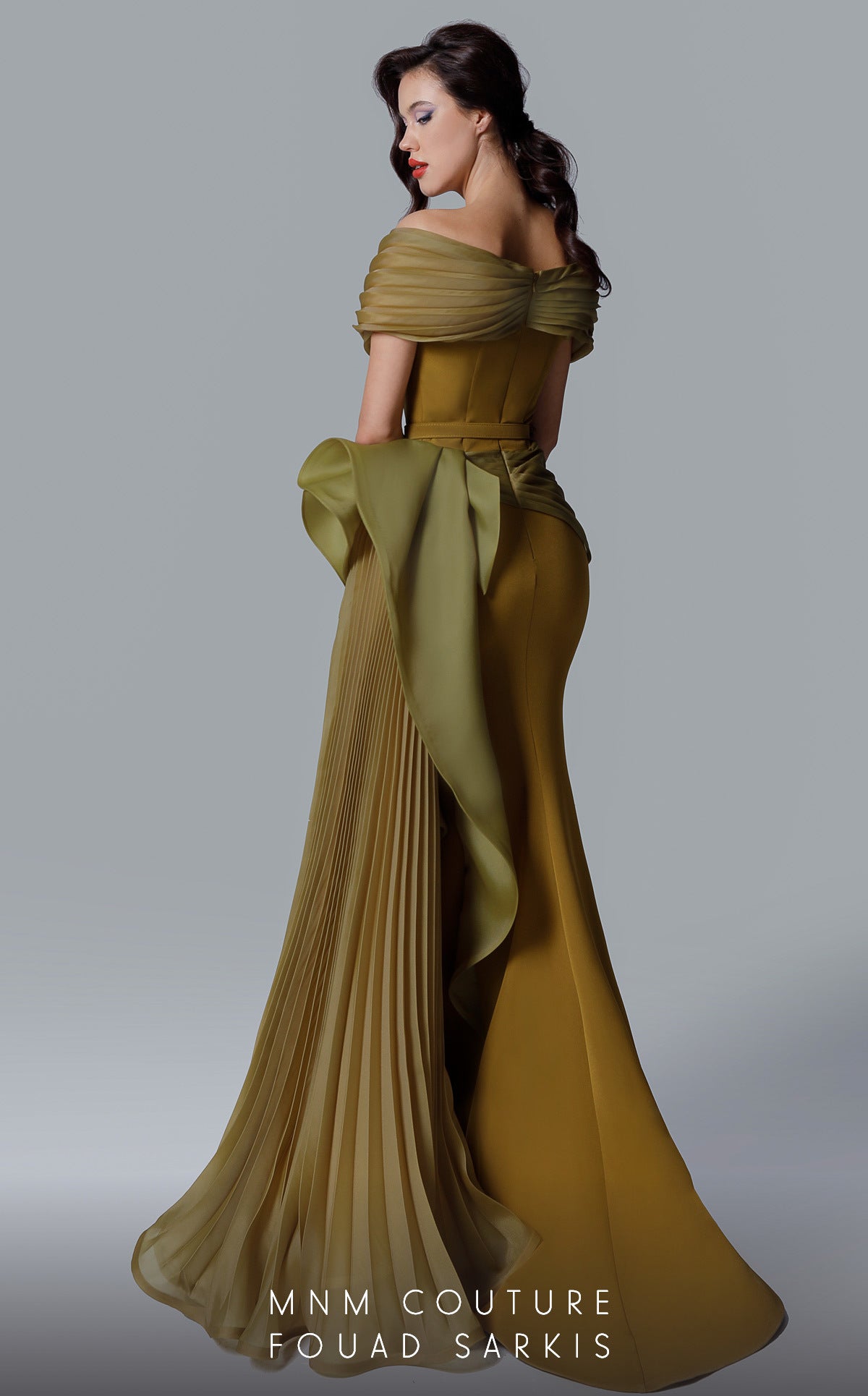 Off-Shoulder Pleated Gown with Belt by MNM Couture 2692 in Olive