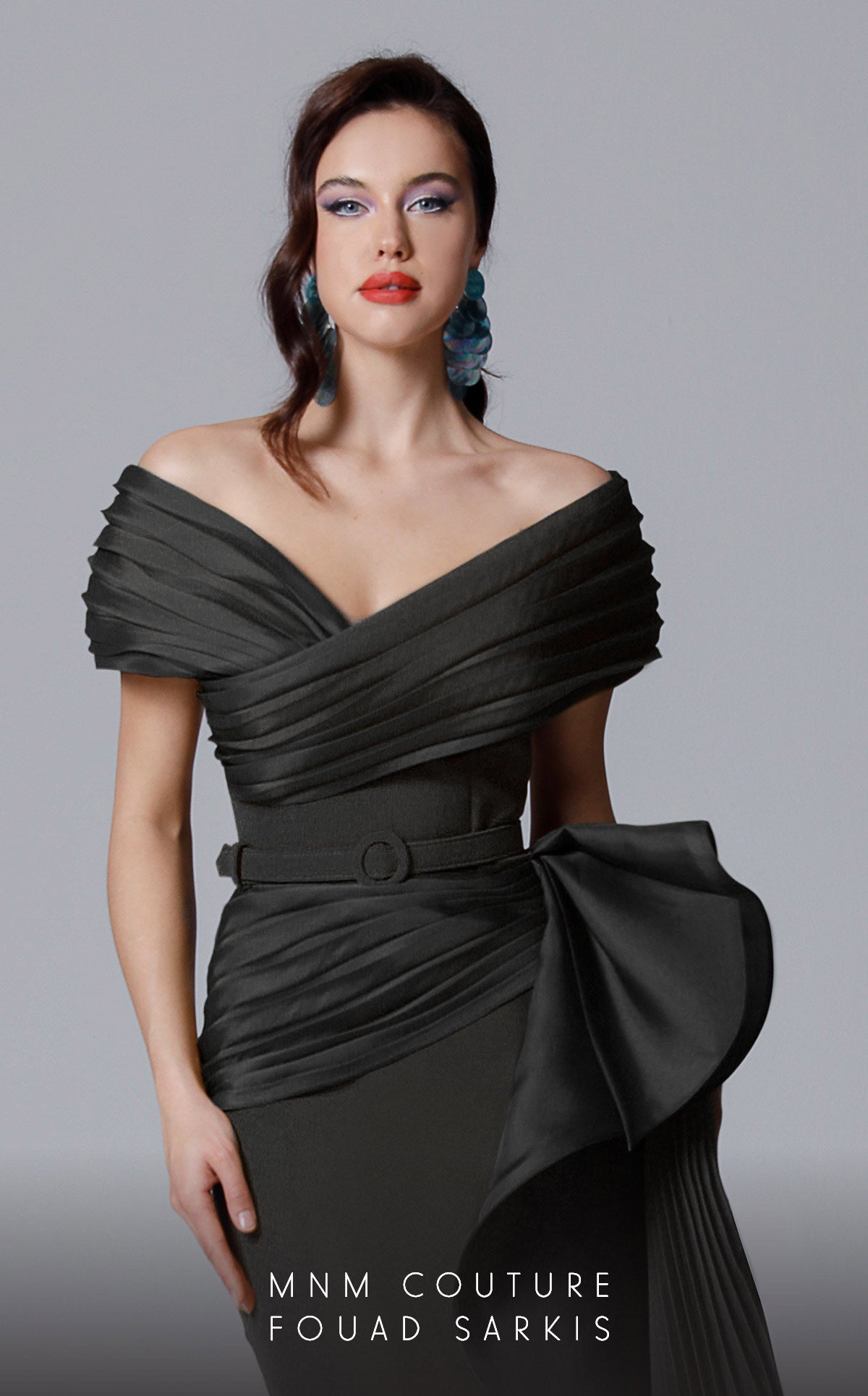 Off-Shoulder Pleated Gown with Belt by MNM Couture 2692 in Black