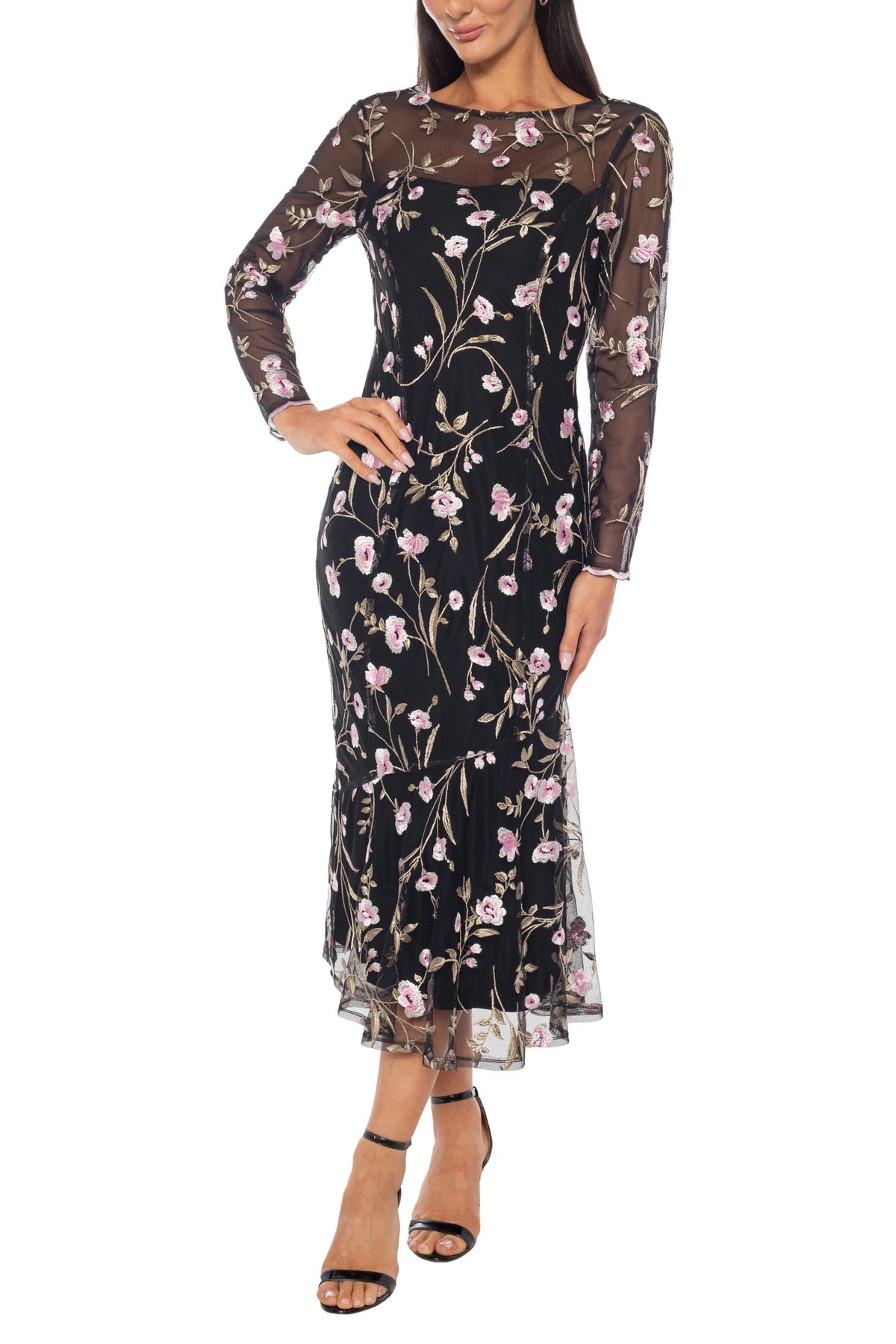 Cocktail Dresses Long Sleeve Floral Evening Midi Cocktail Dress Marina 269332 Black Pink