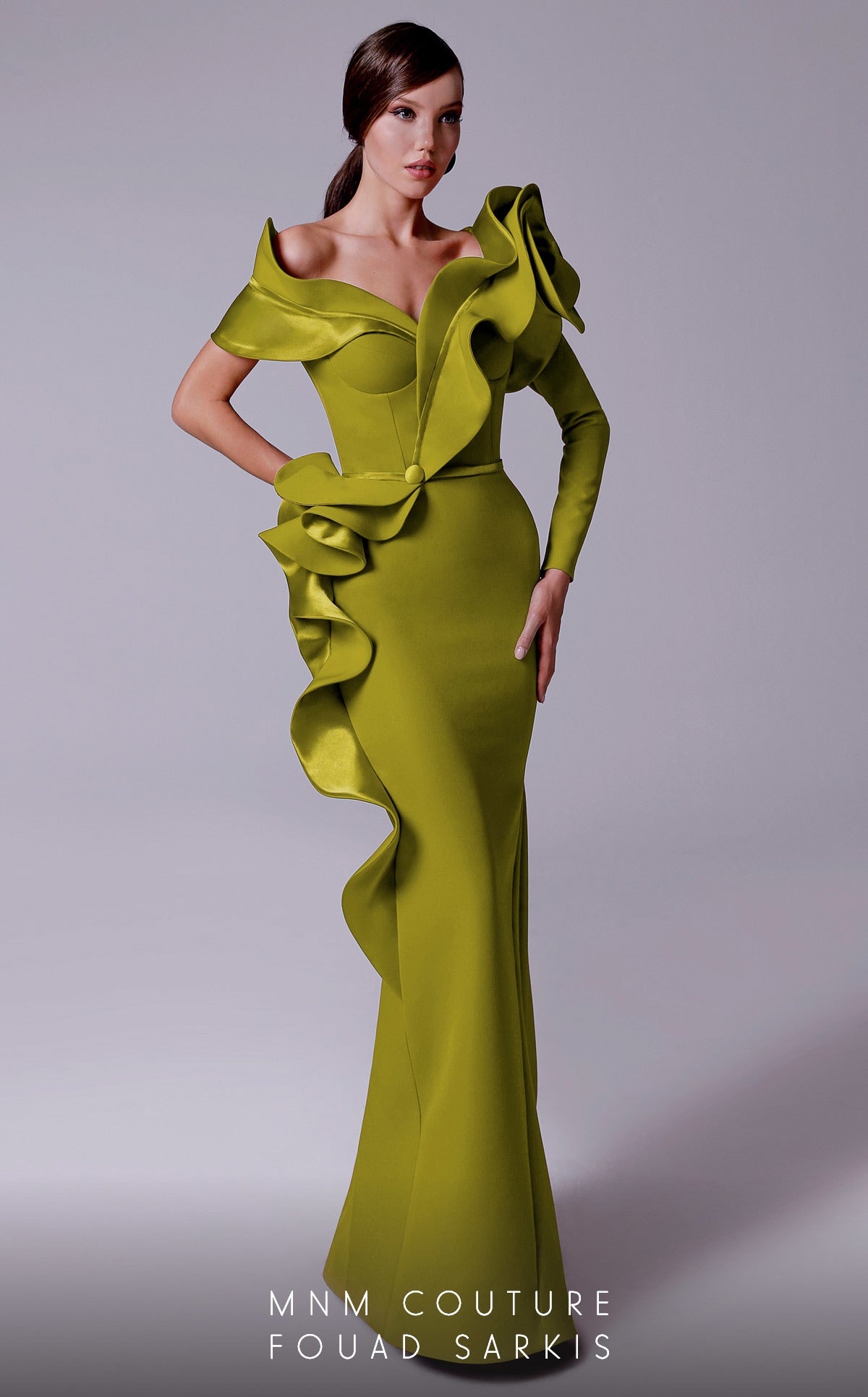 Off-Shoulder Long Satin Evening Gown by MNM Couture 2714 in Pistache