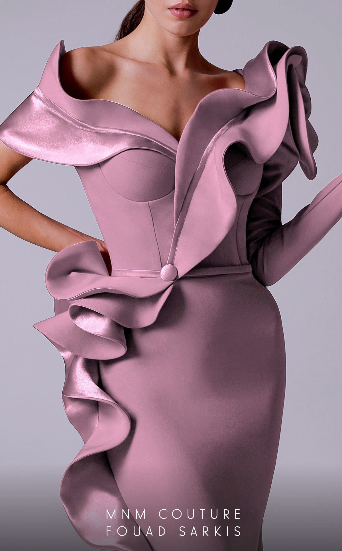 Off-Shoulder Long Satin Evening Gown by MNM Couture 2714 in Salmon