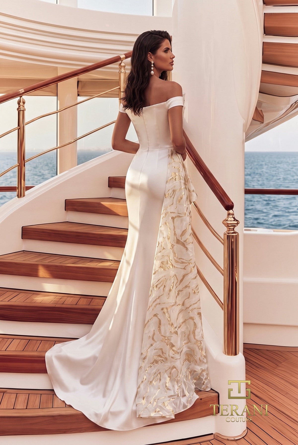 Terani Couture 271E8323 Off Shoulder Mikado Column Evening Gown with Gold Leaf Panel