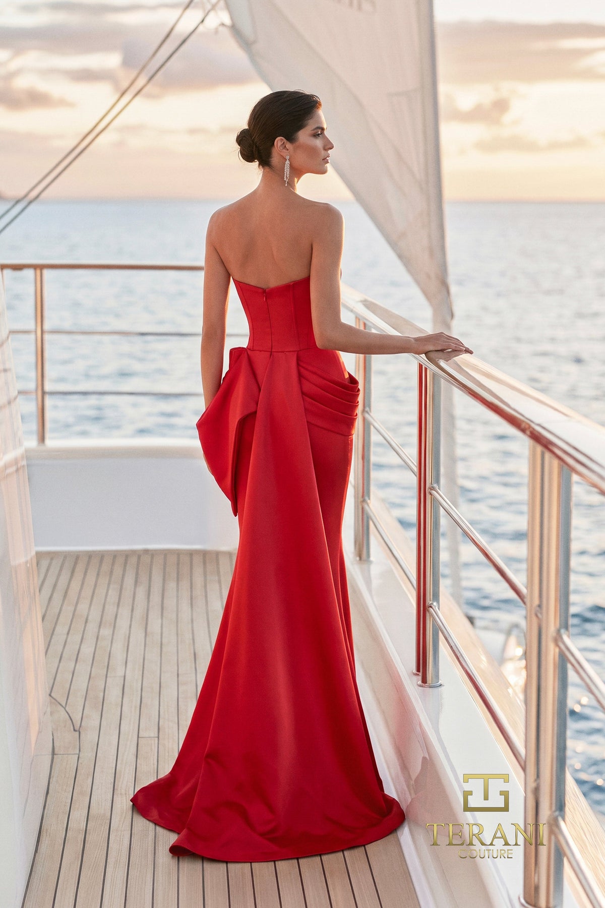 Terani Couture 271E8340 Strapless Satin Mermaid Evening Gown with Bow and Brooch
