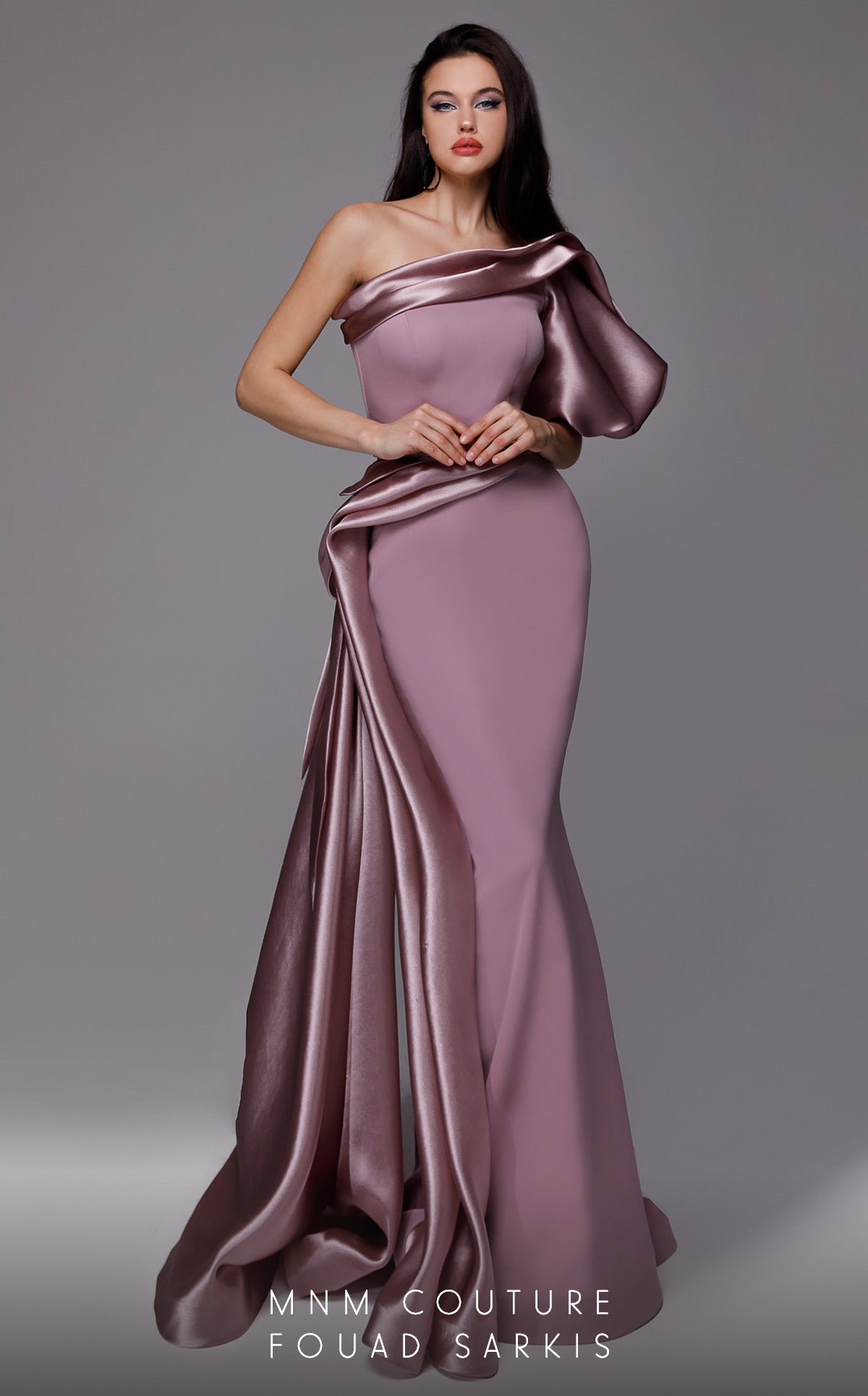 One-Shoulder Satin Formal Gown by MNM Couture 2722 in Purple