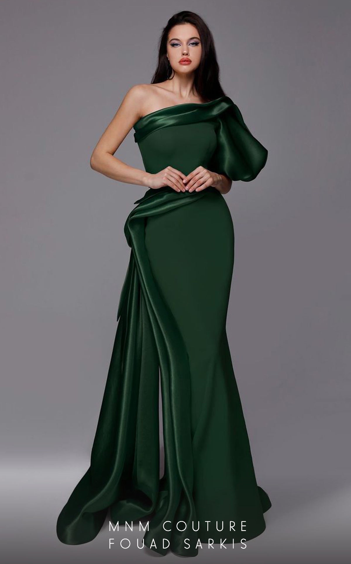 One-Shoulder Satin Formal Gown by MNM Couture 2722 in Green