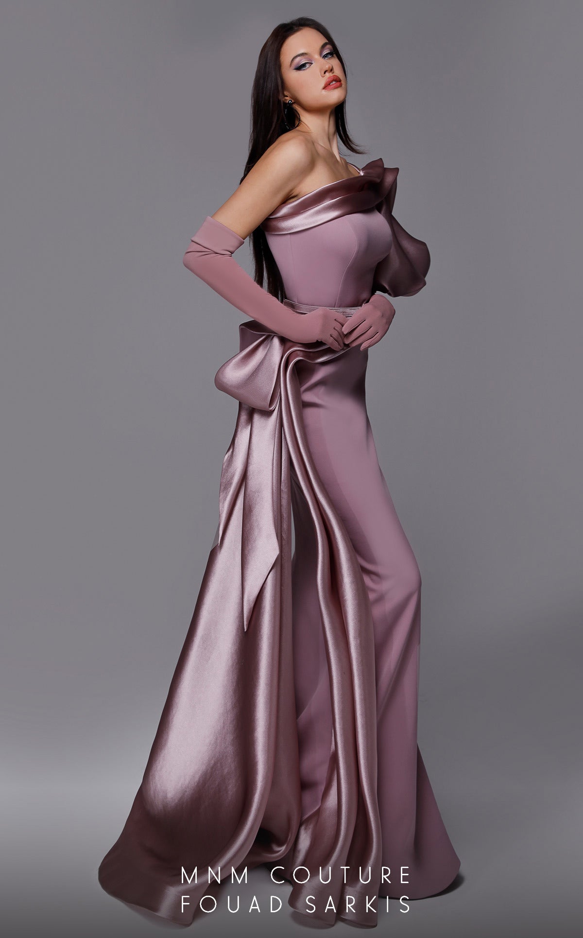 One-Shoulder Satin Formal Gown by MNM Couture 2722 in Purple