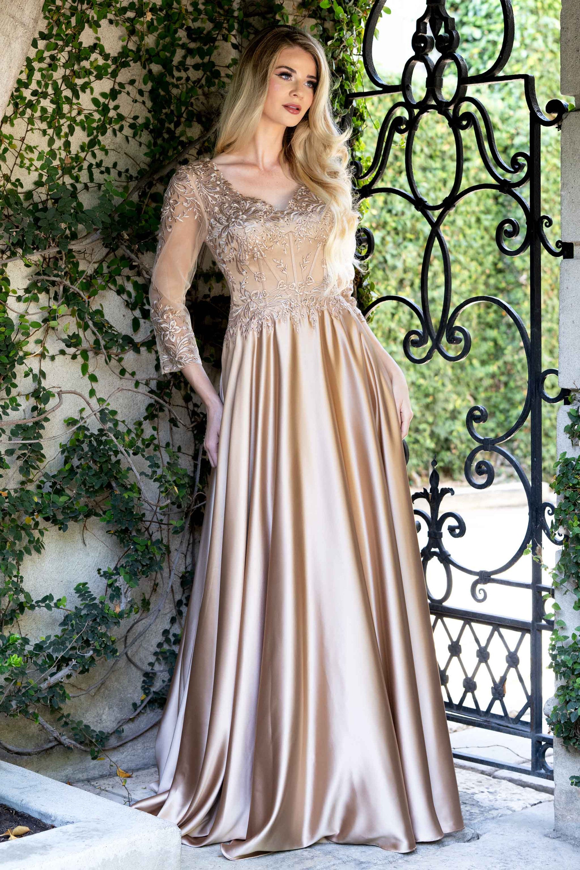V-Neck Floor-Length Satin Formal A-Line Lenovia 8435