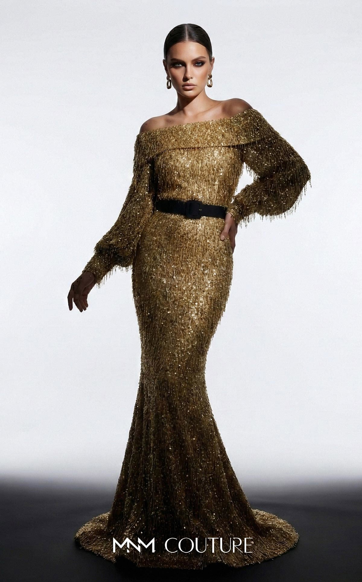 Off-the-Shoulder Floor-Length Sequin Formal Mermaid MNM Couture 2752A