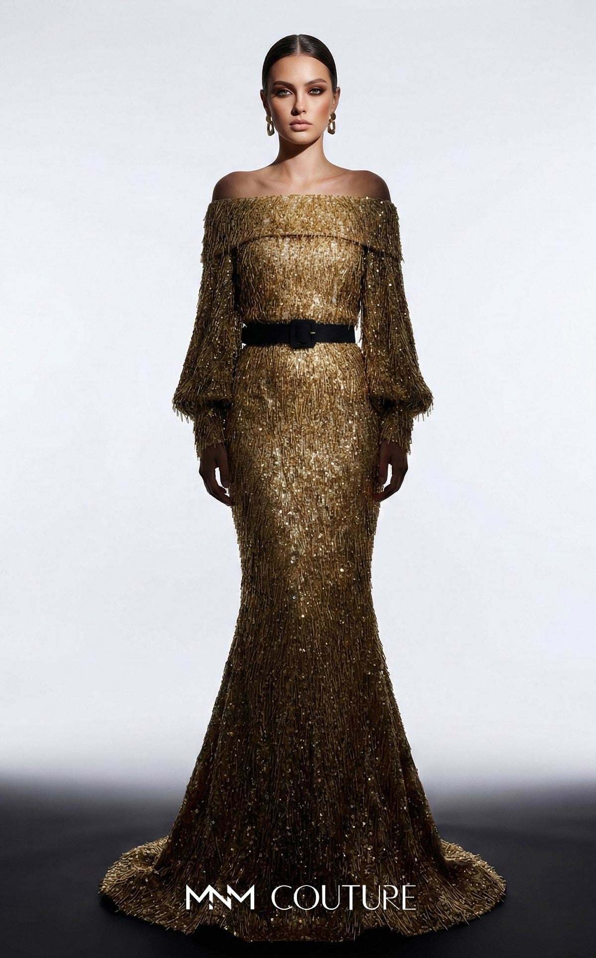 Off-the-Shoulder Floor-Length Sequin Formal Mermaid MNM Couture 2752A