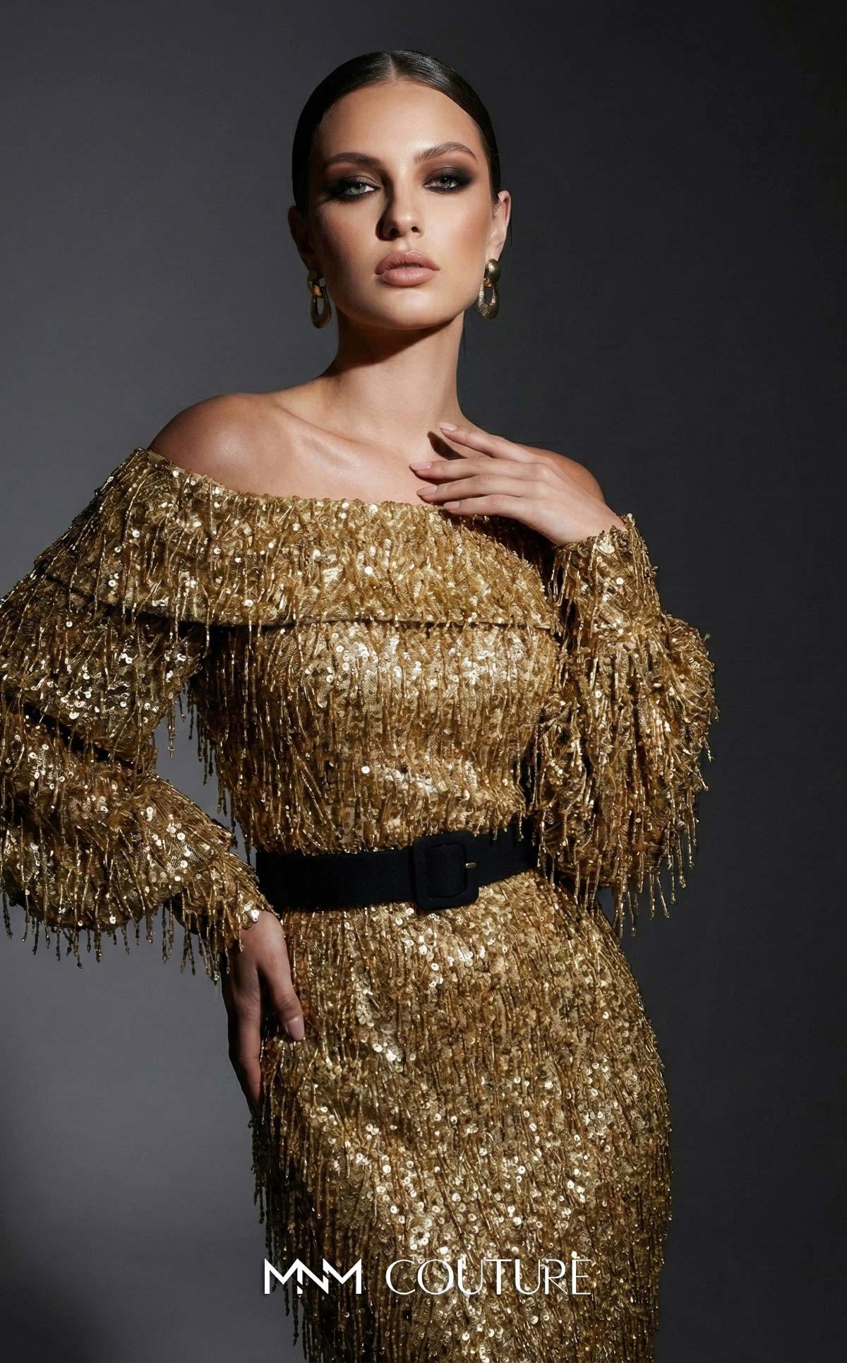 Off-the-Shoulder Floor-Length Sequin Formal Mermaid MNM Couture 2752A