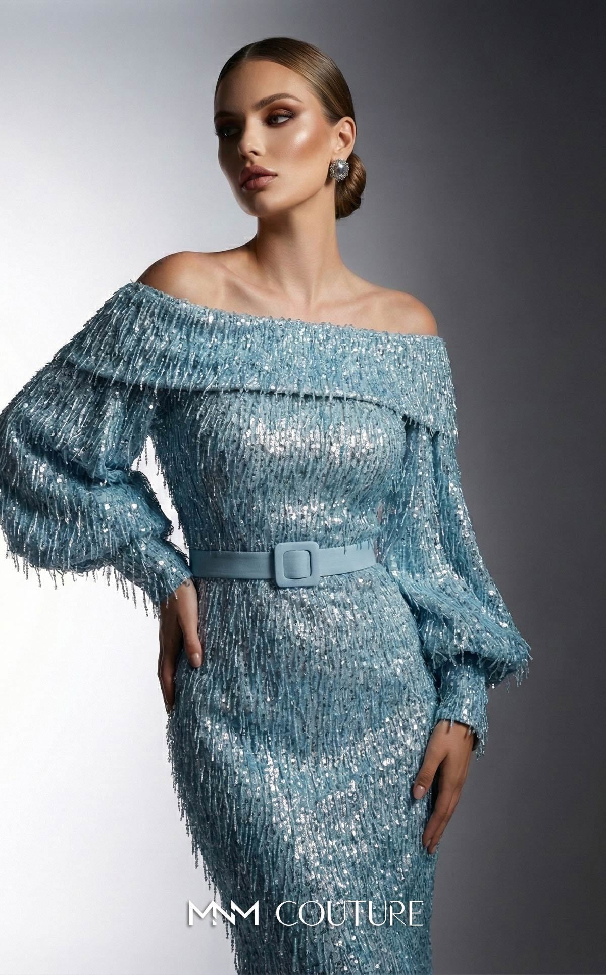 Off-the-Shoulder Floor-Length Sequin Formal Mermaid MNM Couture 2752A