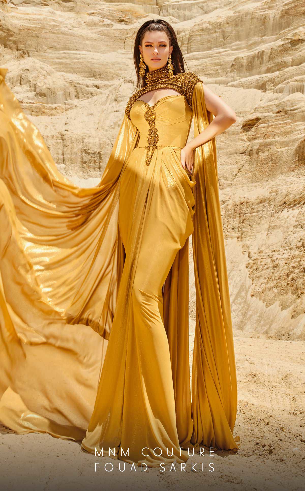 Formal Dresses Fitted Long Metallic Slit Formal Evening Dress Mustard