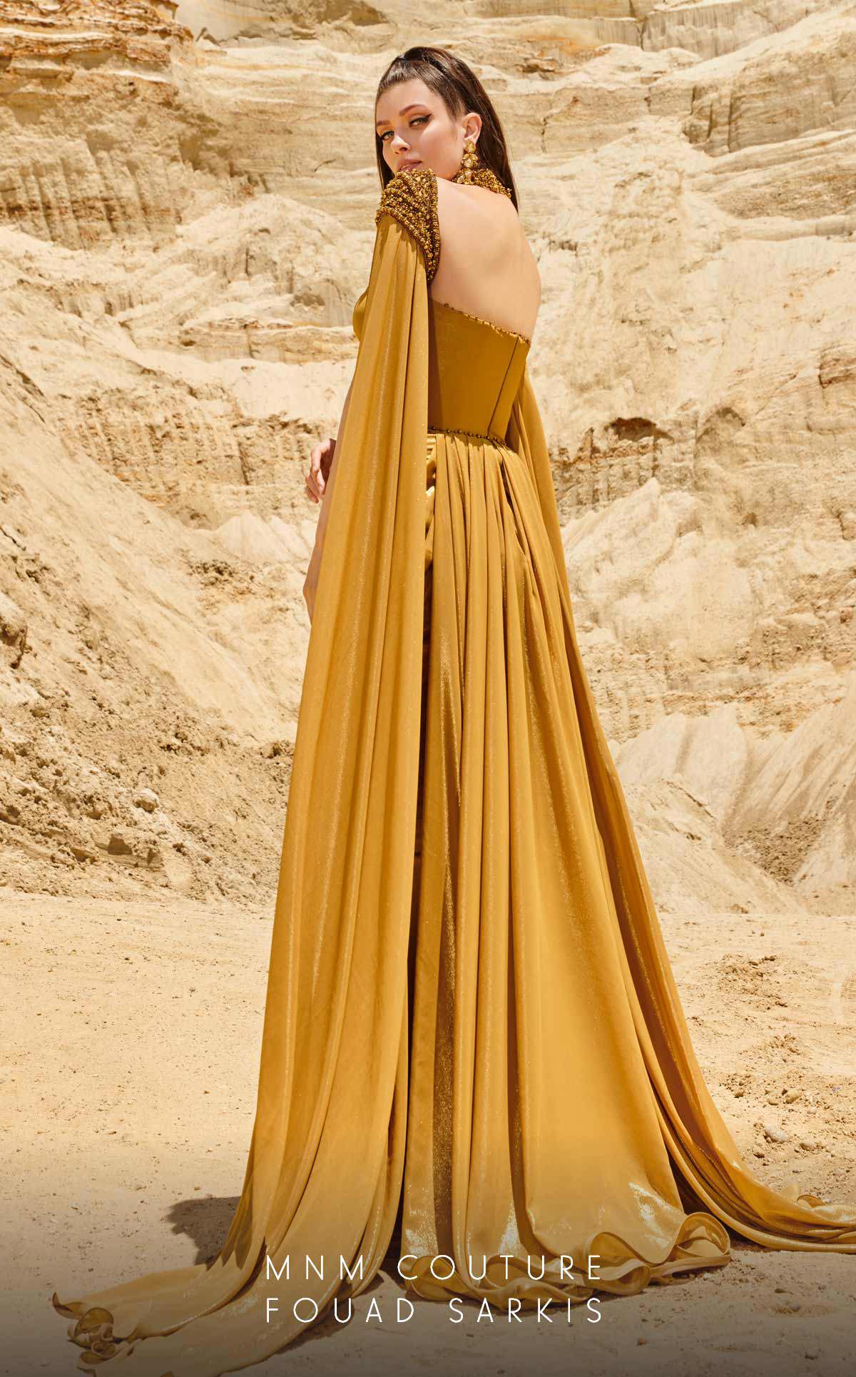 Formal Dresses Fitted Long Metallic Slit Formal Evening Dress Mustard
