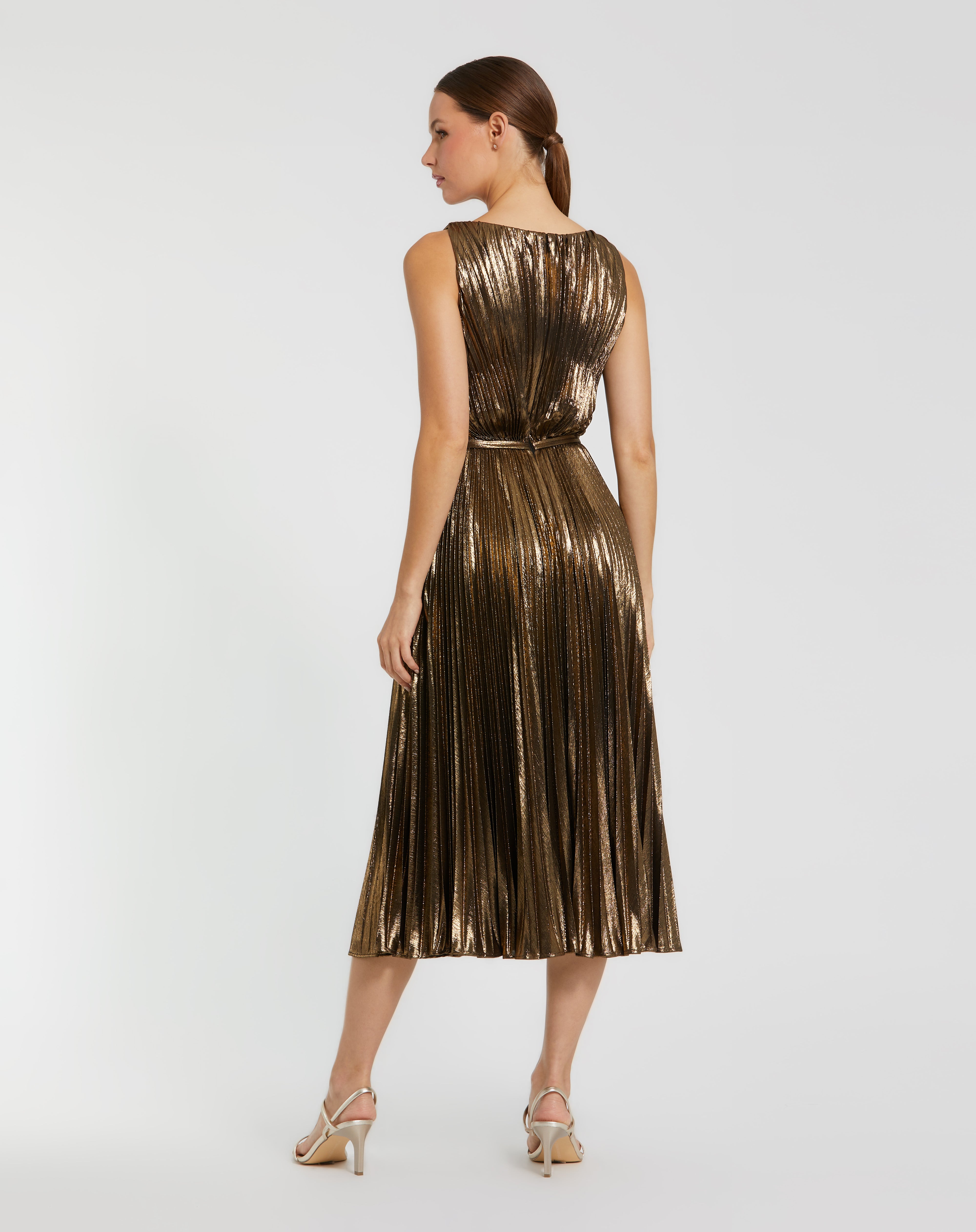 Antique Gold Bateau Midi Pleated Metallic Cocktail Dress A-Line Mac Duggal 27611