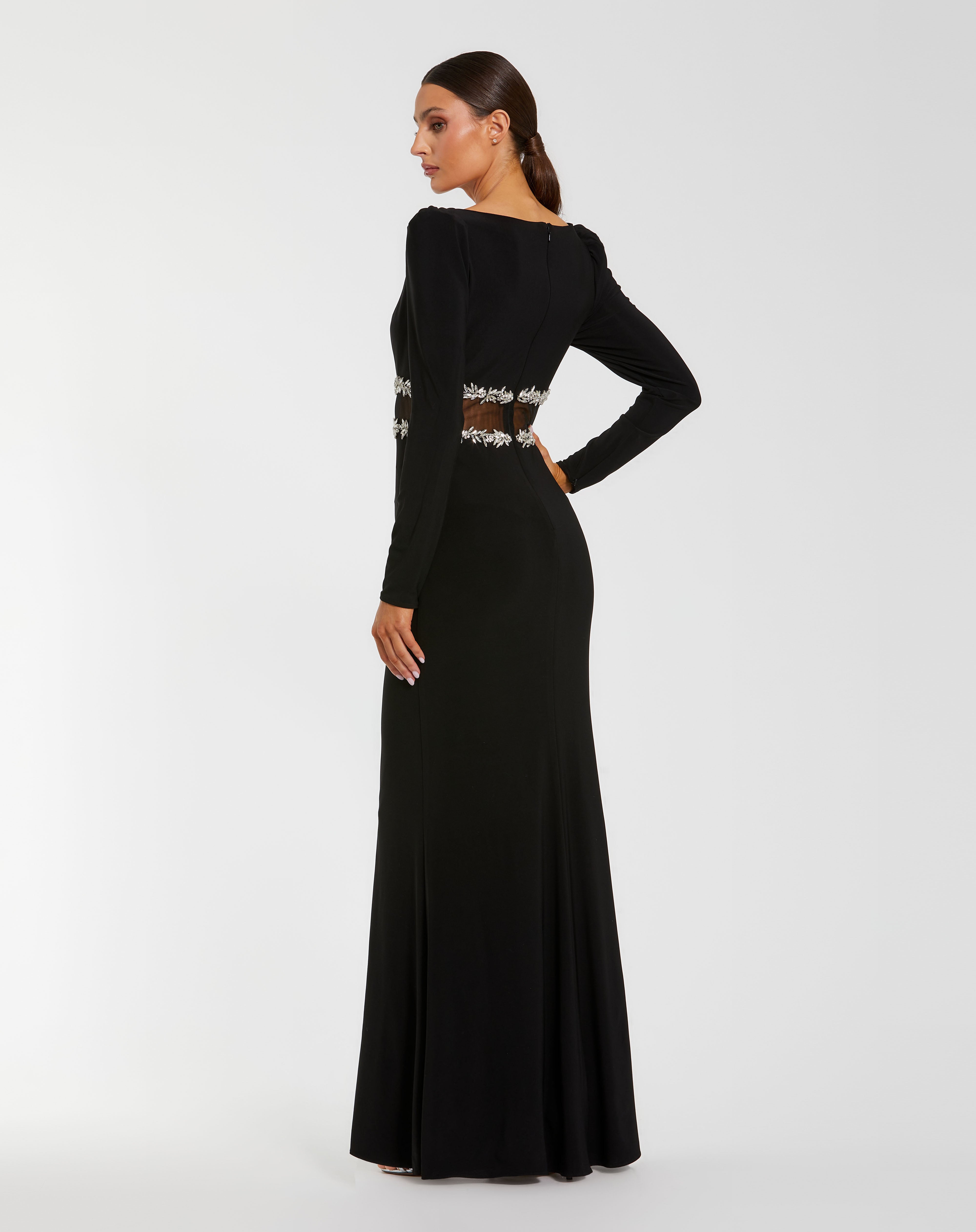 Black Bateau Floor-Length Crepe Formal Illusion Waist Mac Duggal 27695