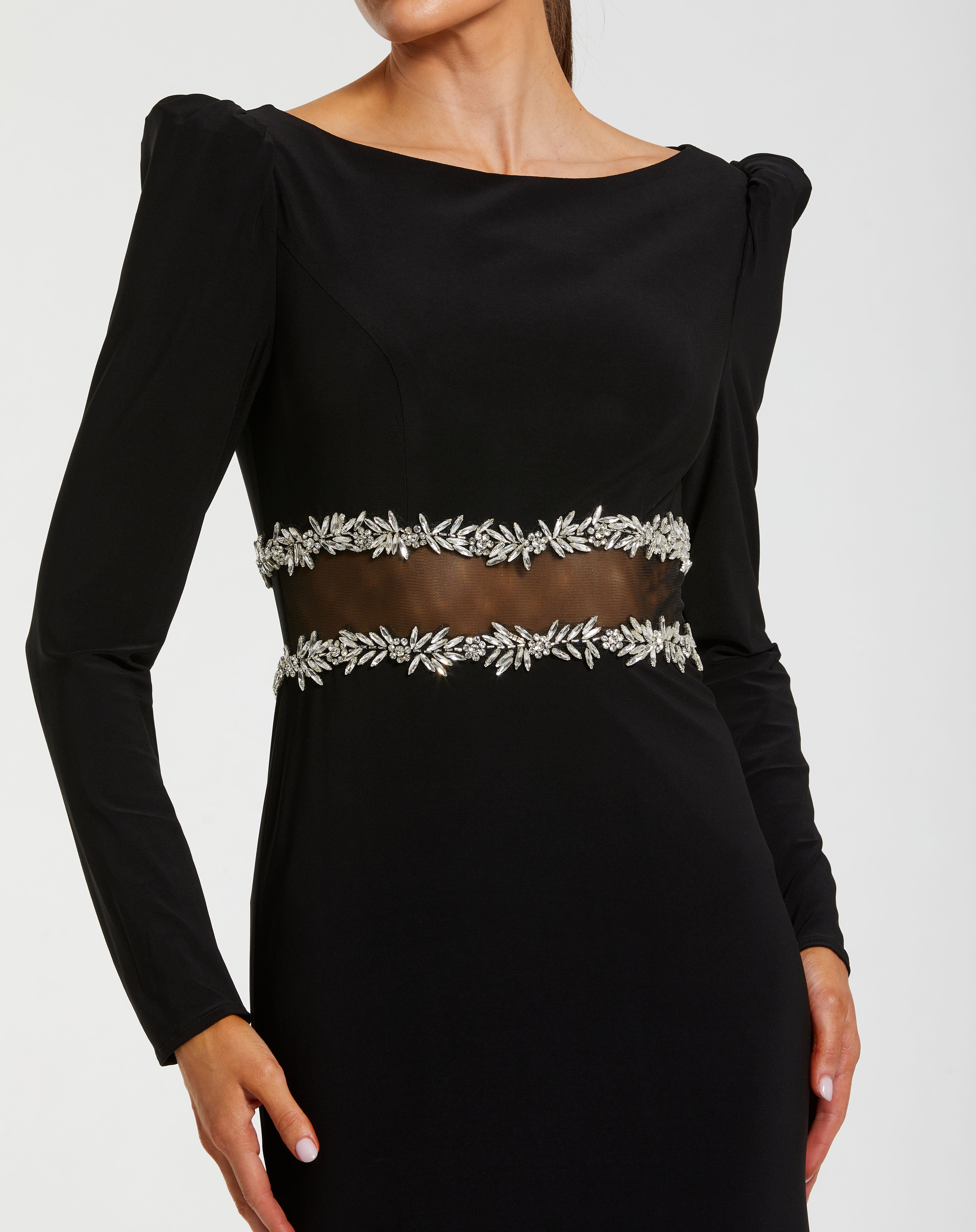 Black Bateau Floor-Length Crepe Formal Illusion Waist Mac Duggal 27695