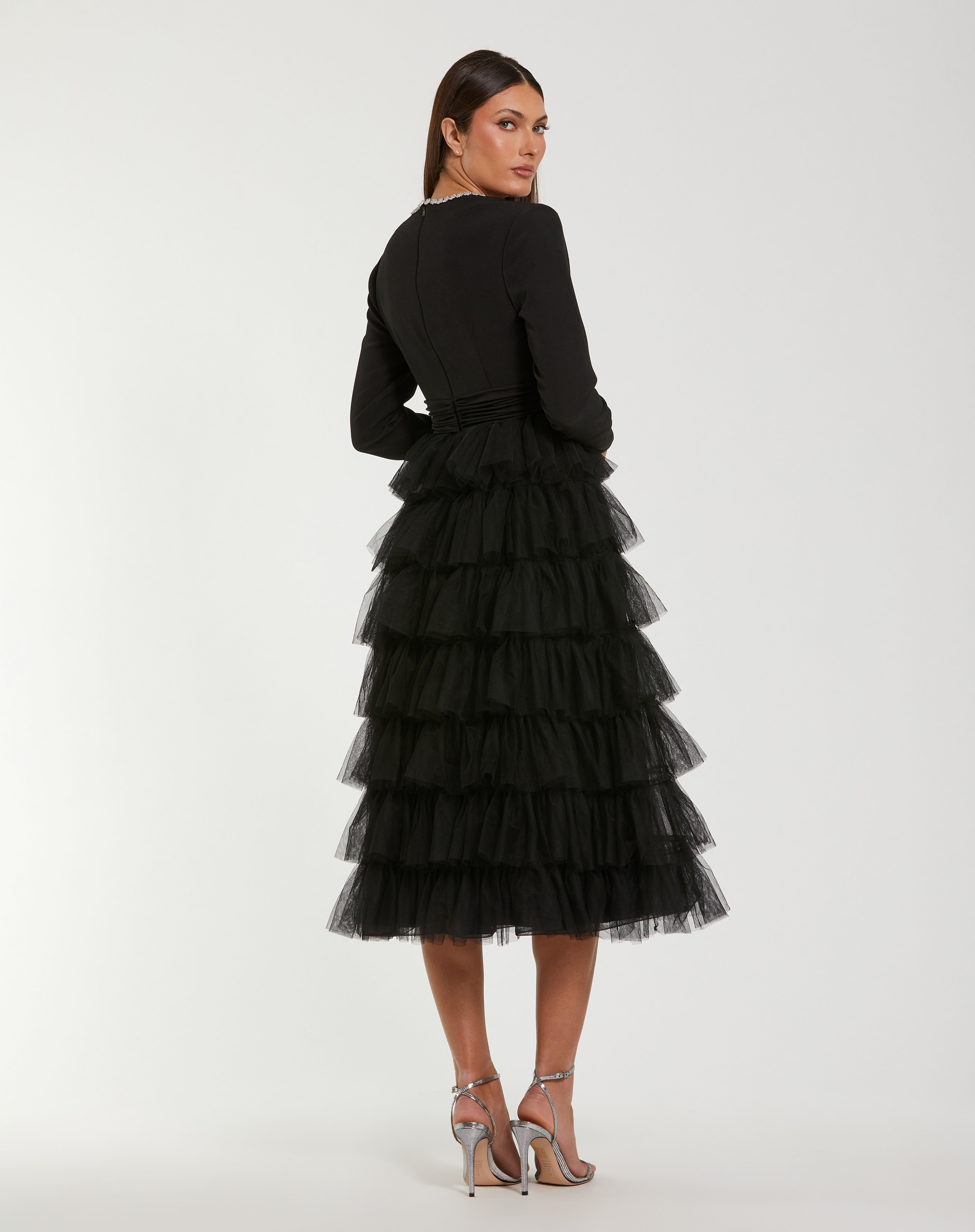 Black Square Neck Midi Tulle Tiered Cocktail Dress A-Line Mac Duggal 27707