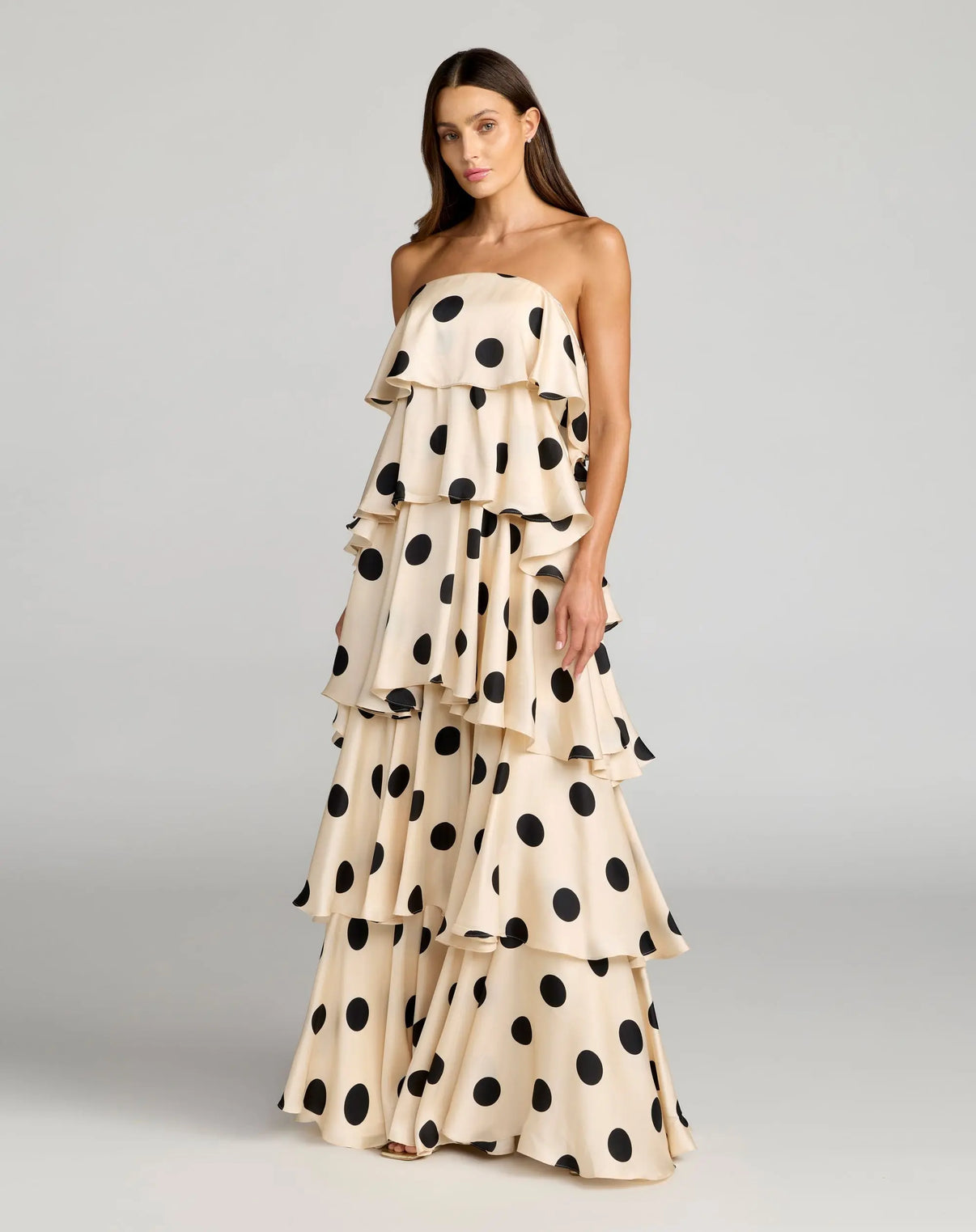 Strapless Long Polka Dot Formal Gown by Mac Duggal 27845 in Cream Black