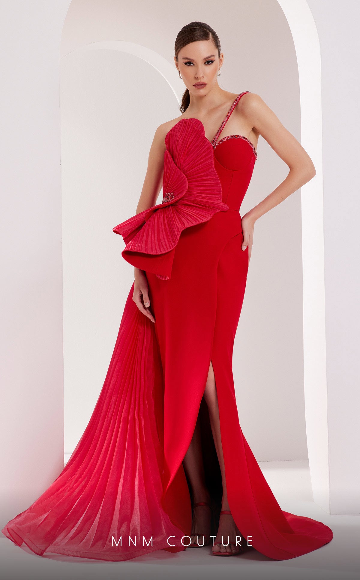 Formal Dresses Beaded Fitted Long Pleated Evening Formal Dress Red