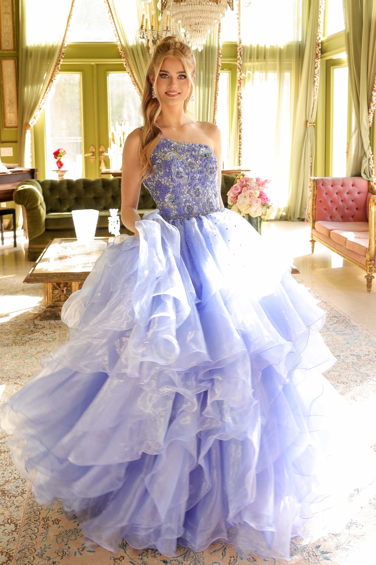 Ava Presley Strapless Beaded Tiered Ruffle Ball Gown 28575
