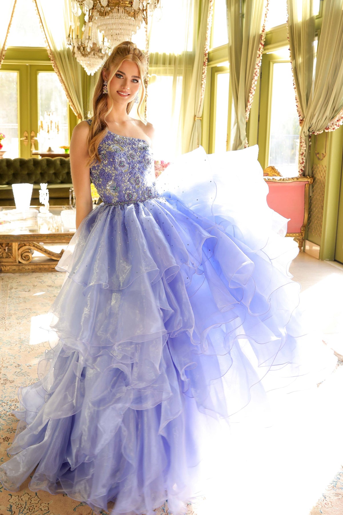 Ava Presley Strapless Beaded Tiered Ruffle Ball Gown 28575